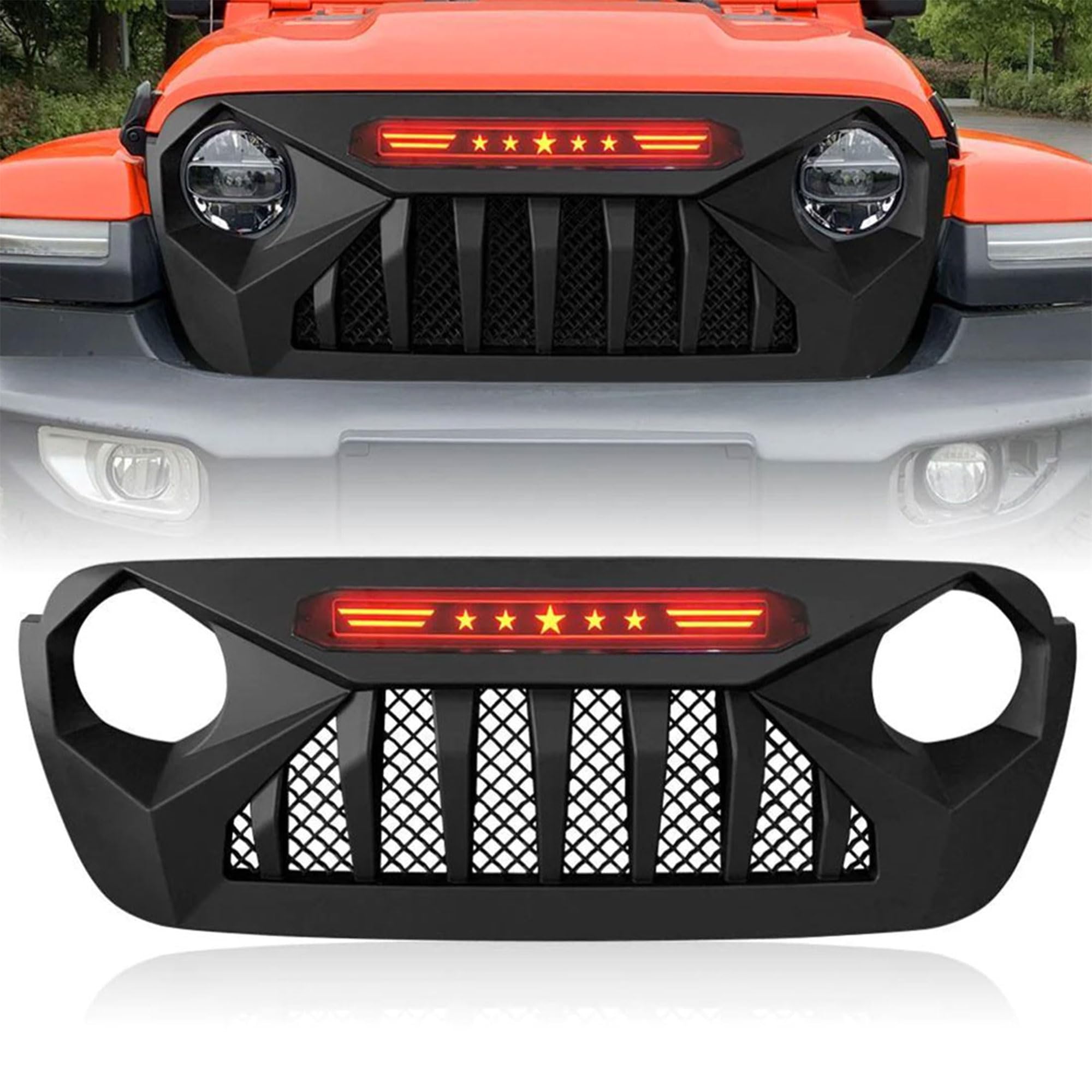 American Modified Demon Front Grille with Red LED Star Lights for Jeep Wrangler JL & Gladiator JT (2018-2021) - Matte Black | No TrailCam Required | Off-Road Upgrade for Enhanced Style & Night Visibility