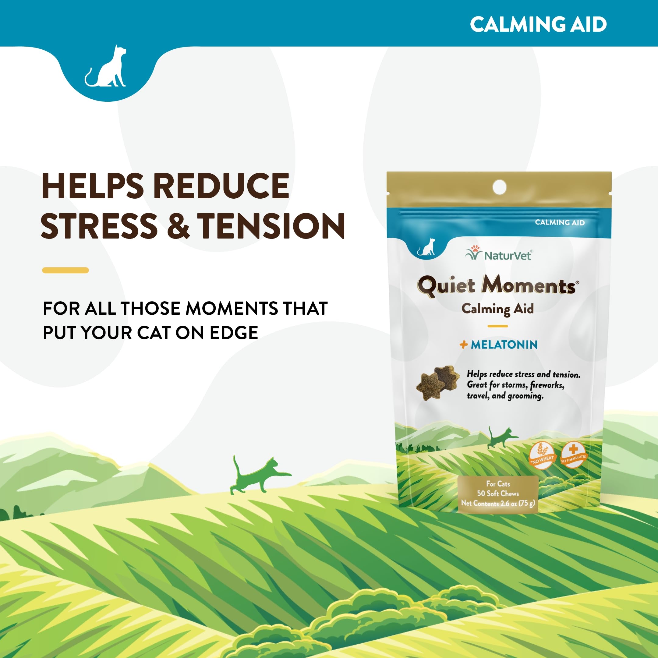 NaturVet Quiet Moments Calming Aid Cat Supplement with Melatonin – Stress Relief for Cats – Helps with Anxiety, Motion Sickness, Grooming & Travel – 50 Soft Chews – Perfect for Storms, Vet Visits & New Environments