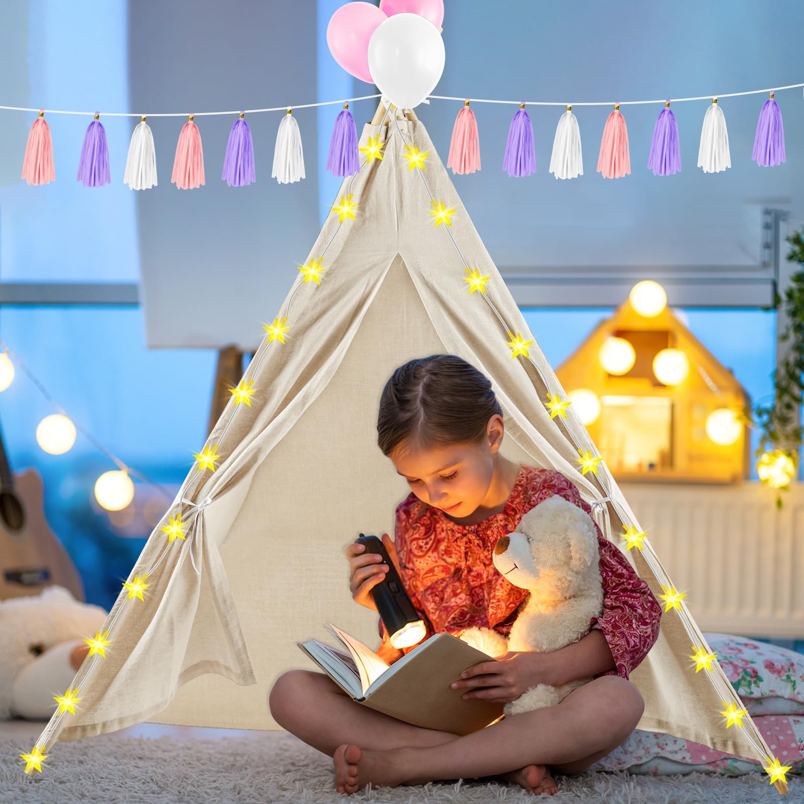 4 Pack Kids Teepee Tent Playhouse for Girls - White Play Tent with Inflatable Airbed & Decorations - Indoor Outdoor Slumber Party, Camping & Sleepover Fun - Perfect for Birthday Parties, Backyard Adventures & Cozy Reading Nook