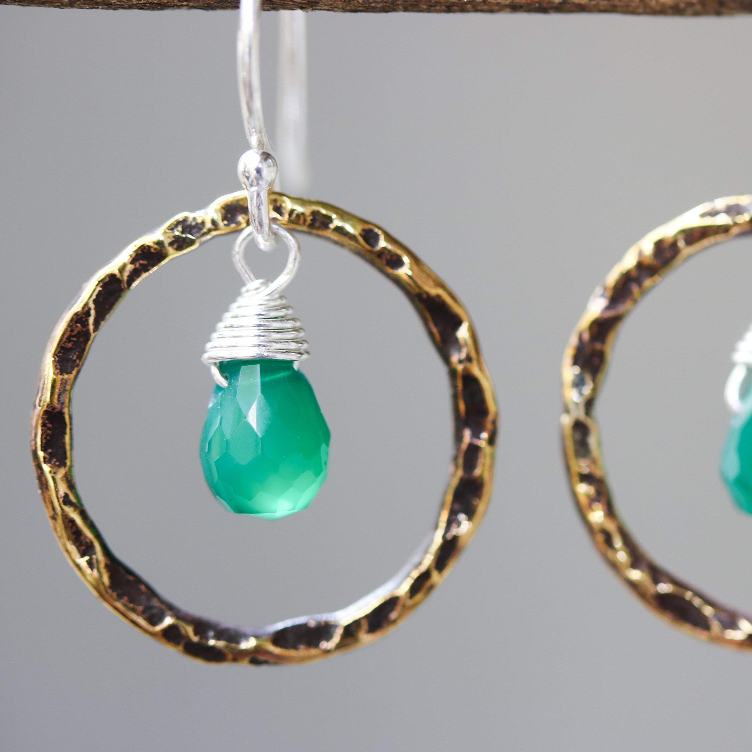 Green Onyx Earrings with Oxidized Brass Circle & Hammered Texture on Sterling Silver Hook – Elegant Boho Jewelry for Women, Perfect for Parties, Weddings & Everyday Wear