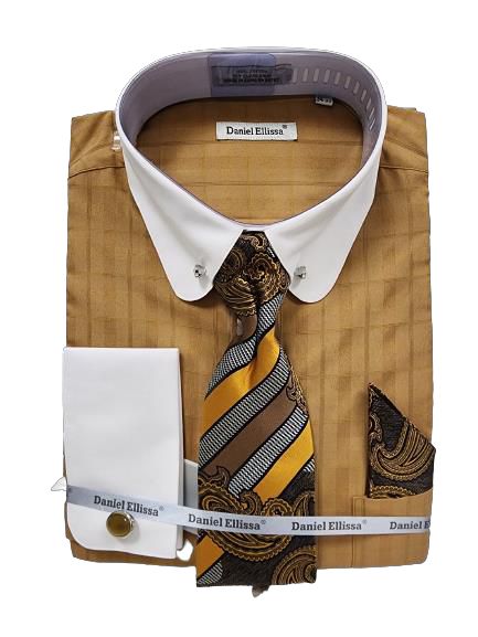 DANIEL ELLISSA JQD Men's Brown Round Collar & Cuff Dress Shirt with Collar Bar DS3830P2 - Perfect for Business Meetings, Weddings & Formal Occasions