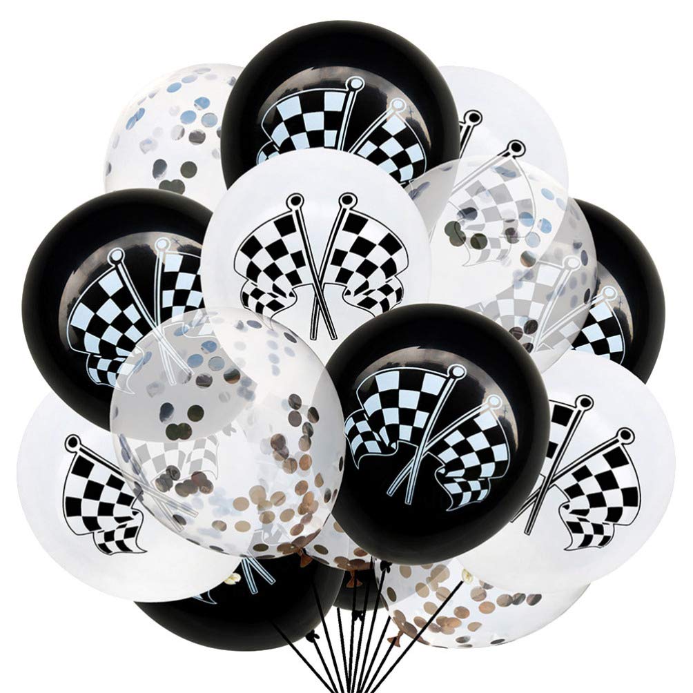Amosfun 15pcs Checkered Racing Car Flags Latex Balloons with Silver Confetti - Race Car Themed Birthday Party Decorations, Baby Shower, Graduation Celebration, Sports Events & Game Room Decor