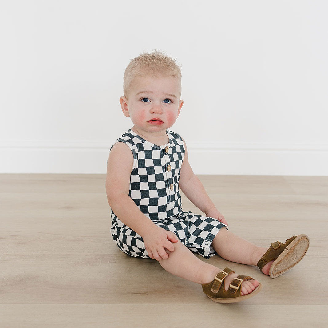 Charcoal Wavy Checkered Short Romper for Women - Stylish Summer Jumpsuit with Pockets, Comfortable Casual Outfit for Beach, Vacation & Outdoor Activities