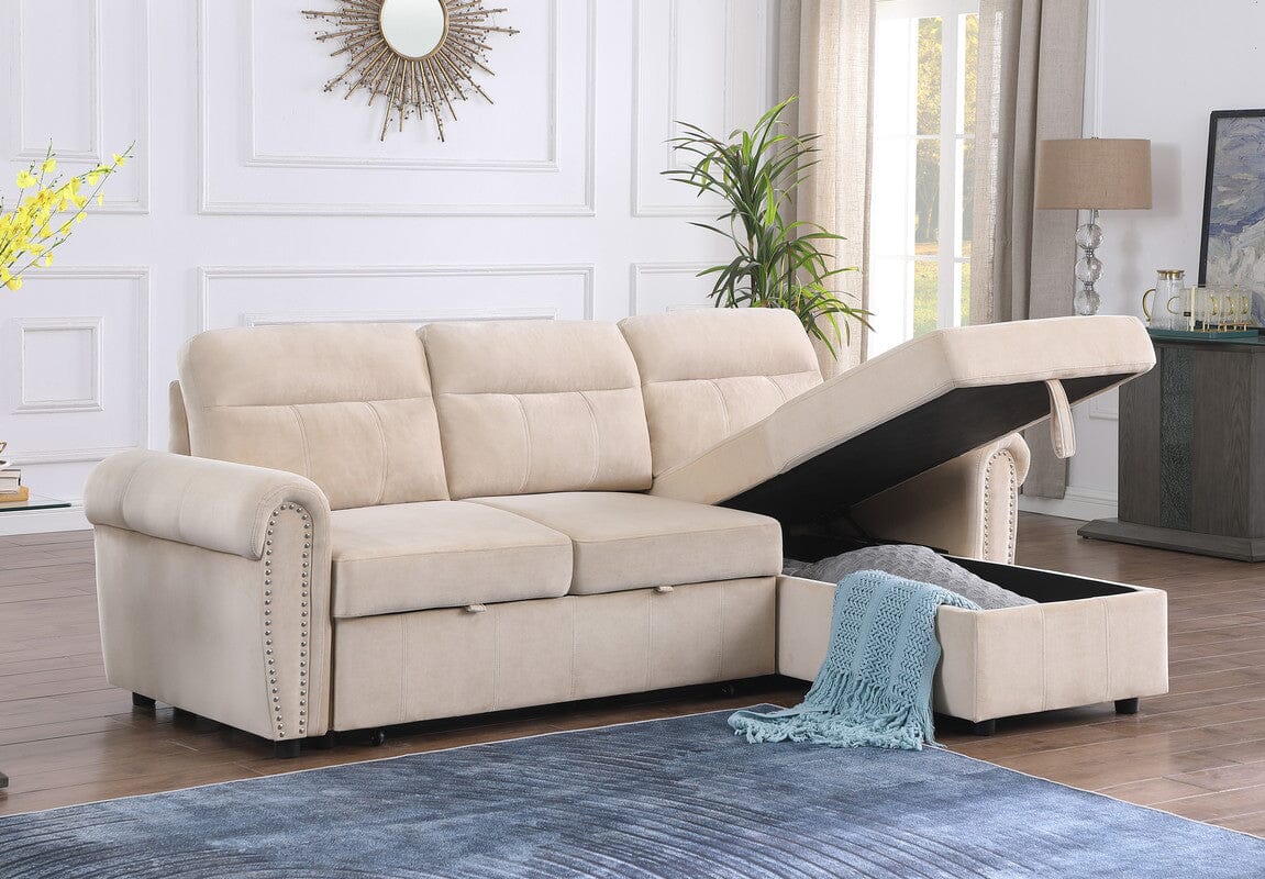 Luxury Ashton Beige Velvet Reversible Sectional Sofa with Chaise Lounge - Modern Reversible Sleeper Sofa for Living Room, Home Theater & Small Spaces