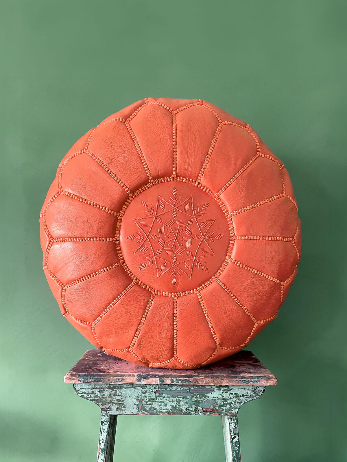 Handmade Moroccan Leather Pouffe Ottoman - Deep Orange Boho Chic Footstool for Living Room, Bedroom & Lounge - Perfect for Home Decor, Relaxation & Extra Seating