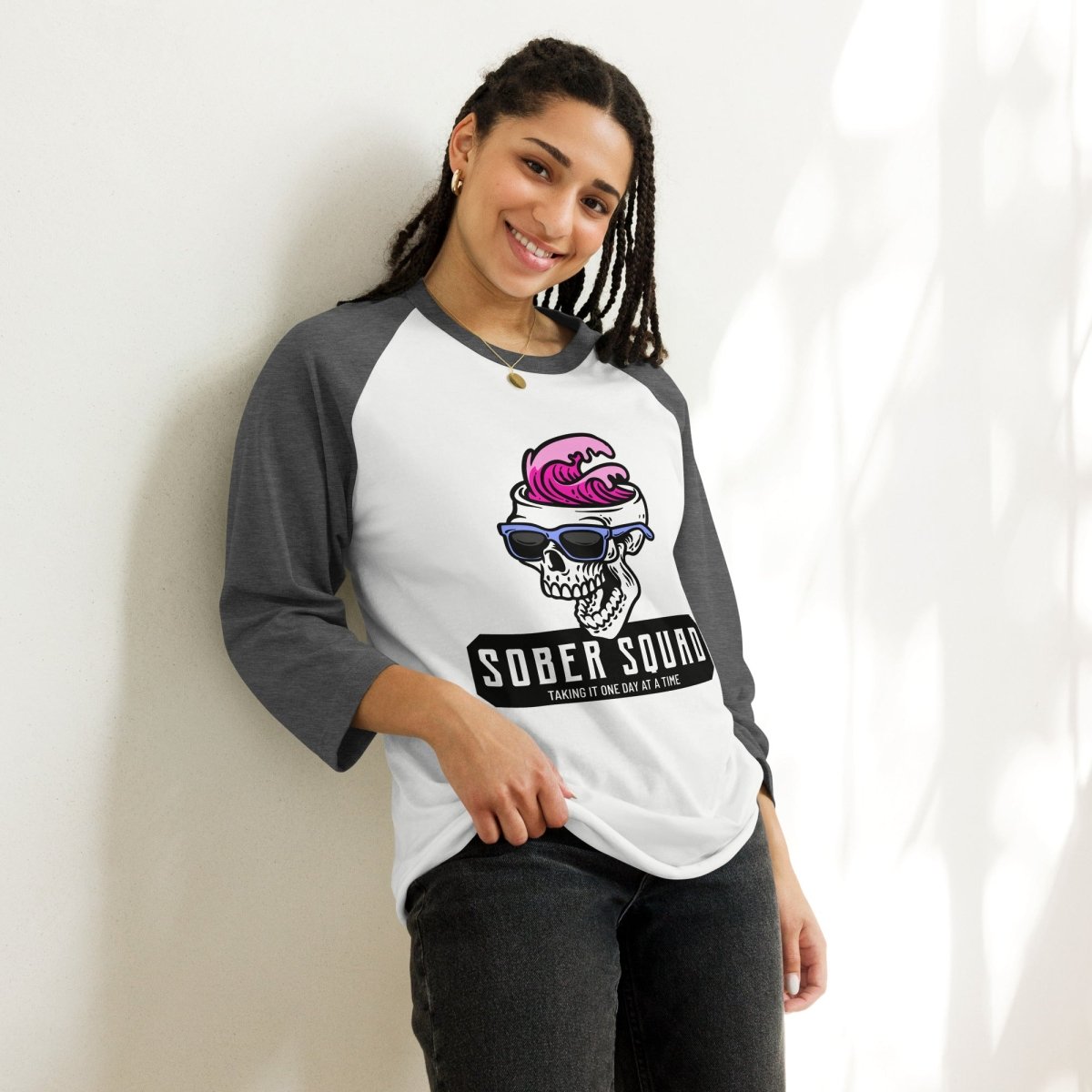 Sober Squad 3/4 Sleeve Raglan T-Shirt with Skull Wave Print - Comfortable Baseball Tee for Casual Wear, Gym & Street Fashion