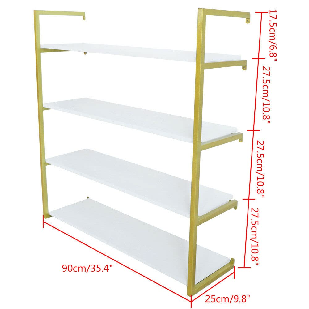 TFCFL 4-Tier Wall-Mounted Floating Shelves - Gold Metal Frame with Wooden Board - 36 Inch Storage Shelf for Kitchen, Study, Living Room, Bedroom & Bathroom - Perfect for Organizing Spices, Books, Decor & Bath Essentials