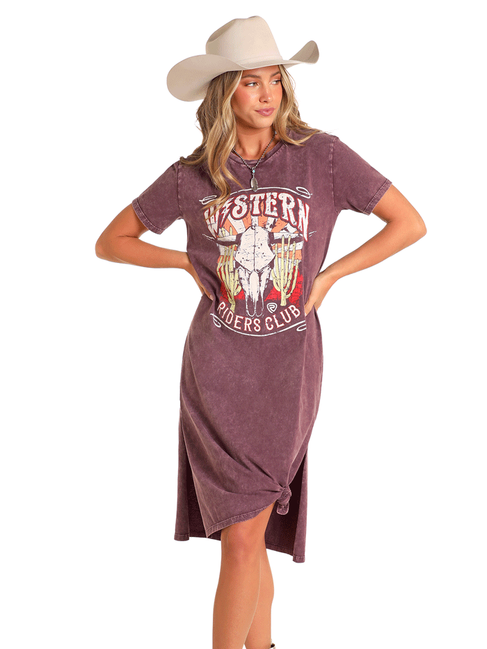 Rock & Roll Denim Womens Western Graphic Maxi Dress - Vintage Style Purple Floral Print Long Dress for Concerts, Music Festivals & Boho Fashion