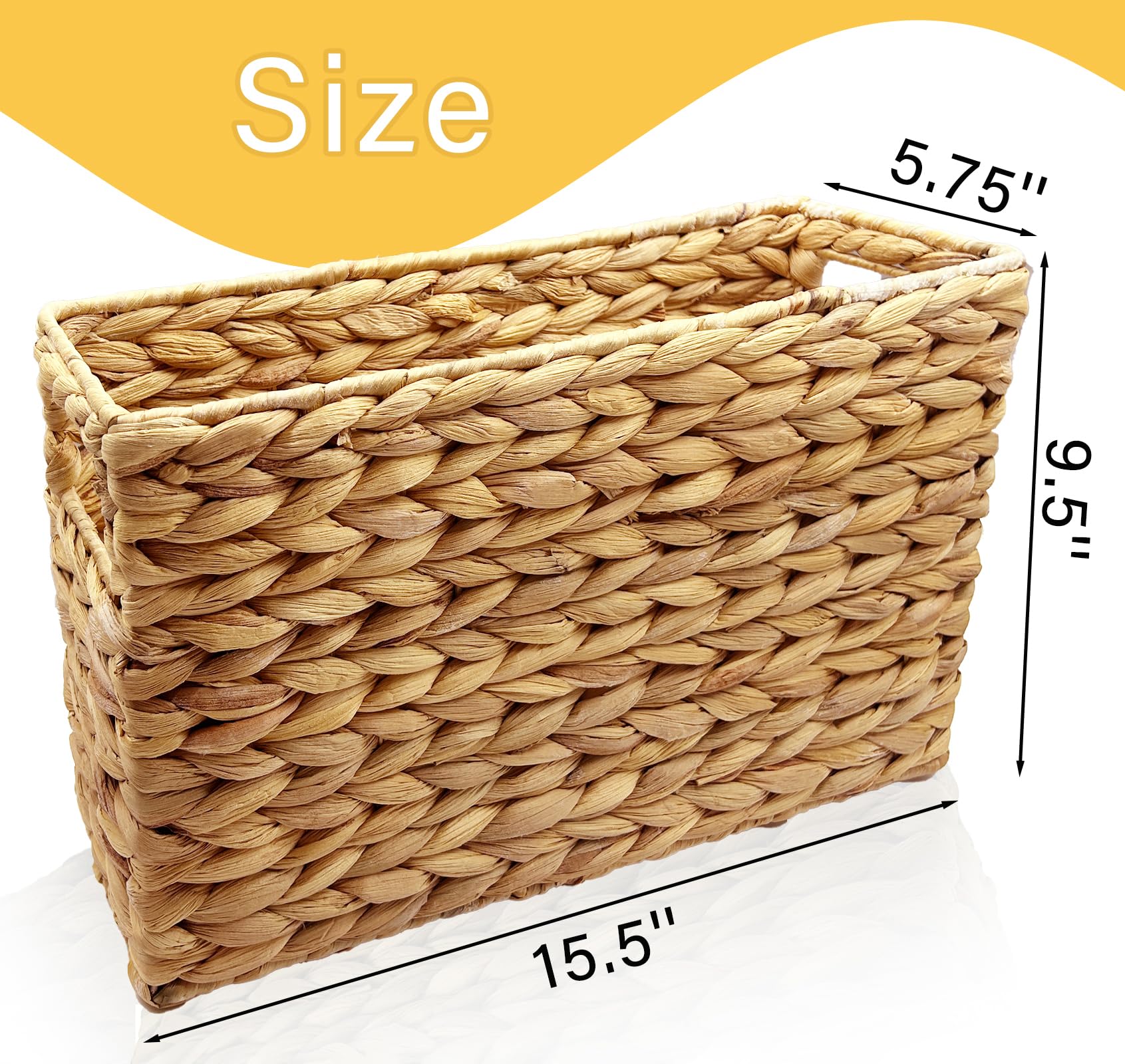 Hand-Woven Water Hyacinth Magazine Basket - 15.5 x 5.75 x 9.5 Inch Natural Wicker Storage Bin for Office, Bathroom & Desk Organization - Perfect for Magazines, Books & Home Decor