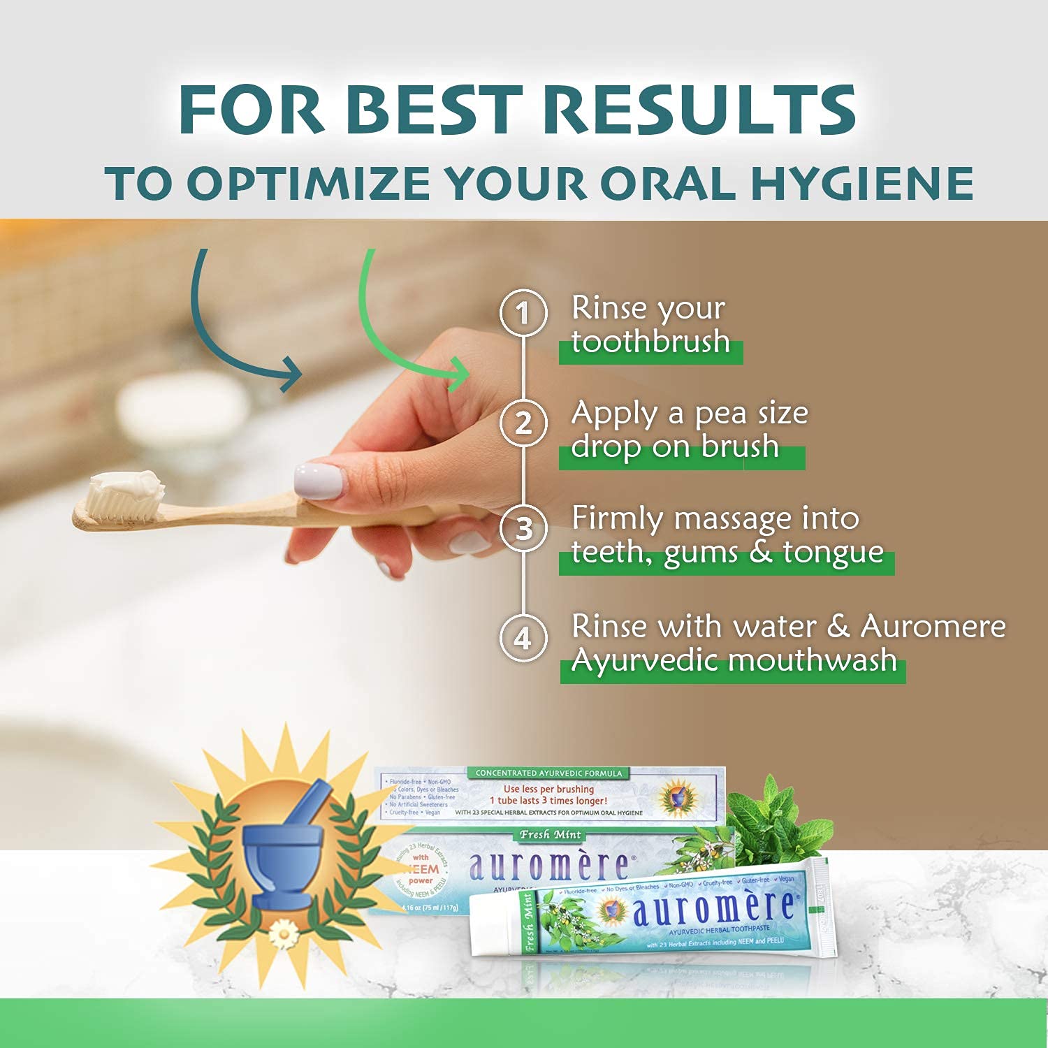 Auromere Ayurvedic Herbal Toothpaste - Fresh Mint Flavor, Vegan, Natural, Non-GMO, Fluoride & Gluten Free with Neem & Peelu (4.16 oz, 2 Pack) | Organic Tooth Care for Sensitive Teeth & Gum Health | Perfect for Daily Oral Hygiene & Ayurvedic Lifestyle