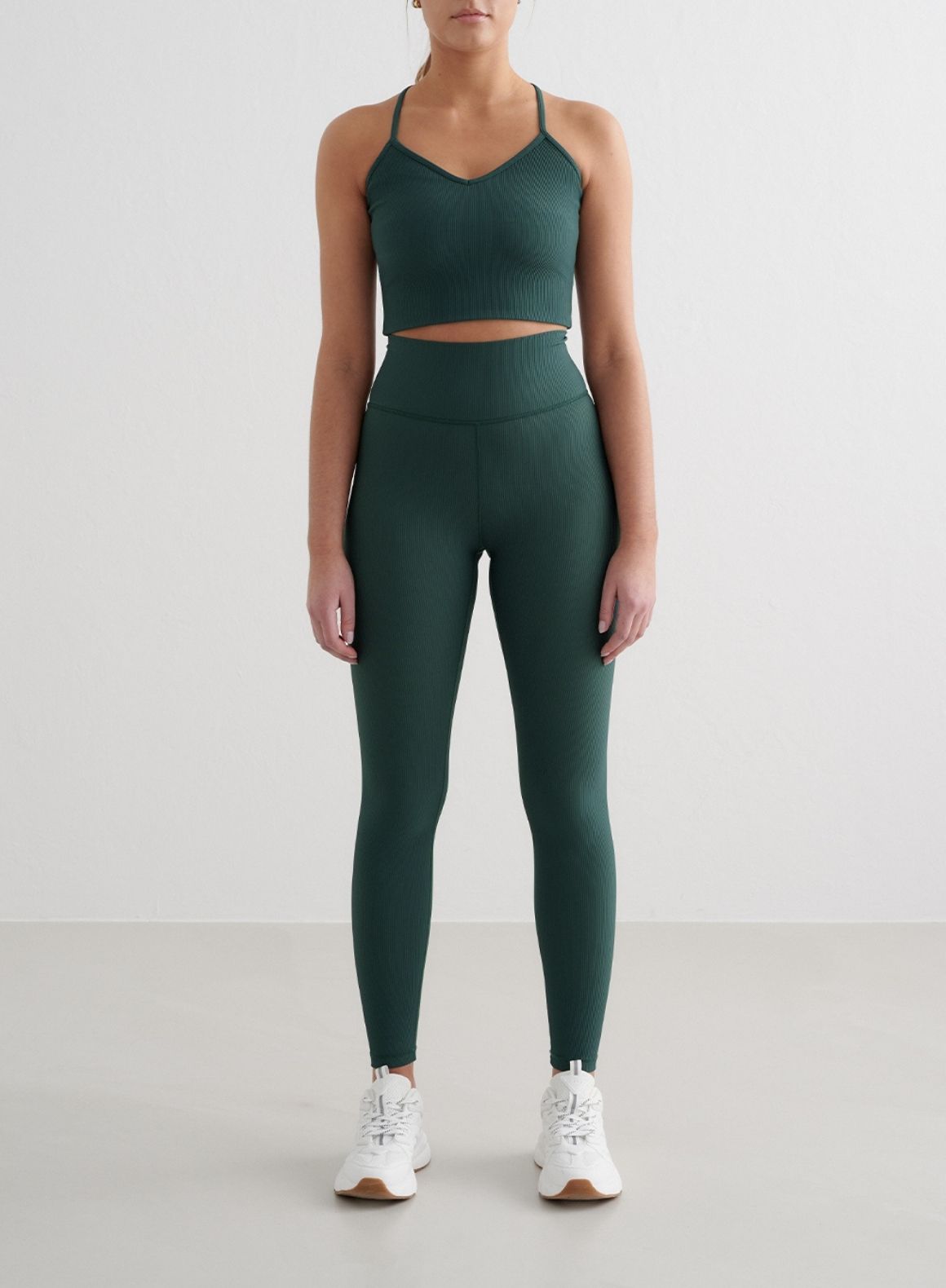 Deep Emerald Ribbed High-Waisted Yoga Tights for Women - Moisture-Wicking Workout Leggings for Running, Gym & Lounge Wear