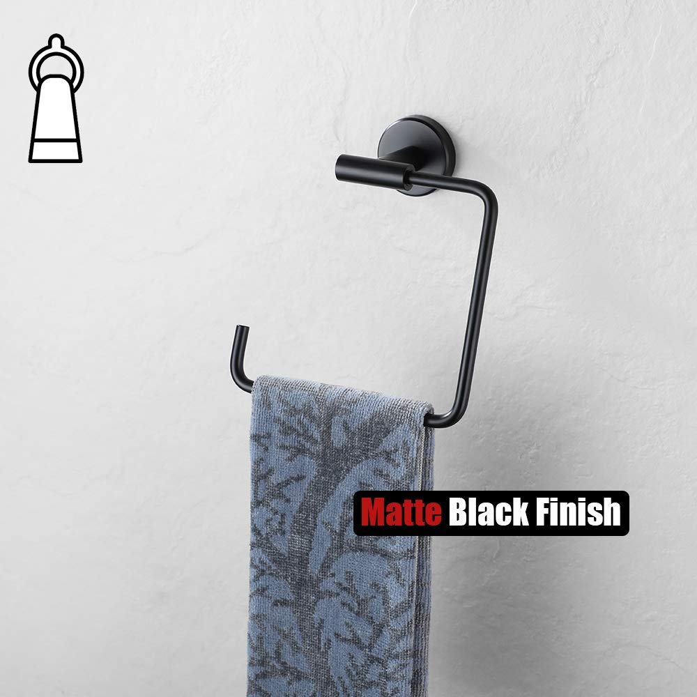 Stainless Steel Square Black Towel Ring Holder - 6 Inch Matte Black Wall Mount Bathroom Accessory (TR140-PB) - Perfect for Modern Bathrooms, Powder Rooms & Spa Decor