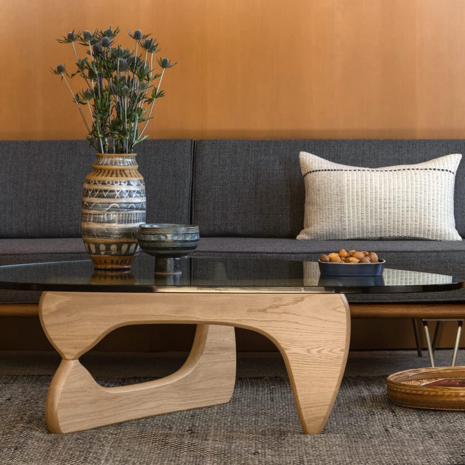 Modern Noguchi Triangle Glass Coffee Table with Solid Wood Base & Clear Glass Top - Vintage Wood & Glass End Table for Living Room, Patio, Lounge (Light Walnut) - Perfect for Contemporary Home Decor, Small Space Furniture & Coffee Table Styling