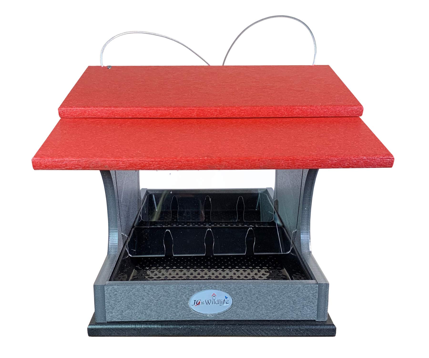 JCs Wildlife Large Poly Hopper Bird Feeder - 2 Gallon Capacity, Cardinal Red/Gray - Attract Cardinals & Songbirds to Your Backyard Garden or Patio