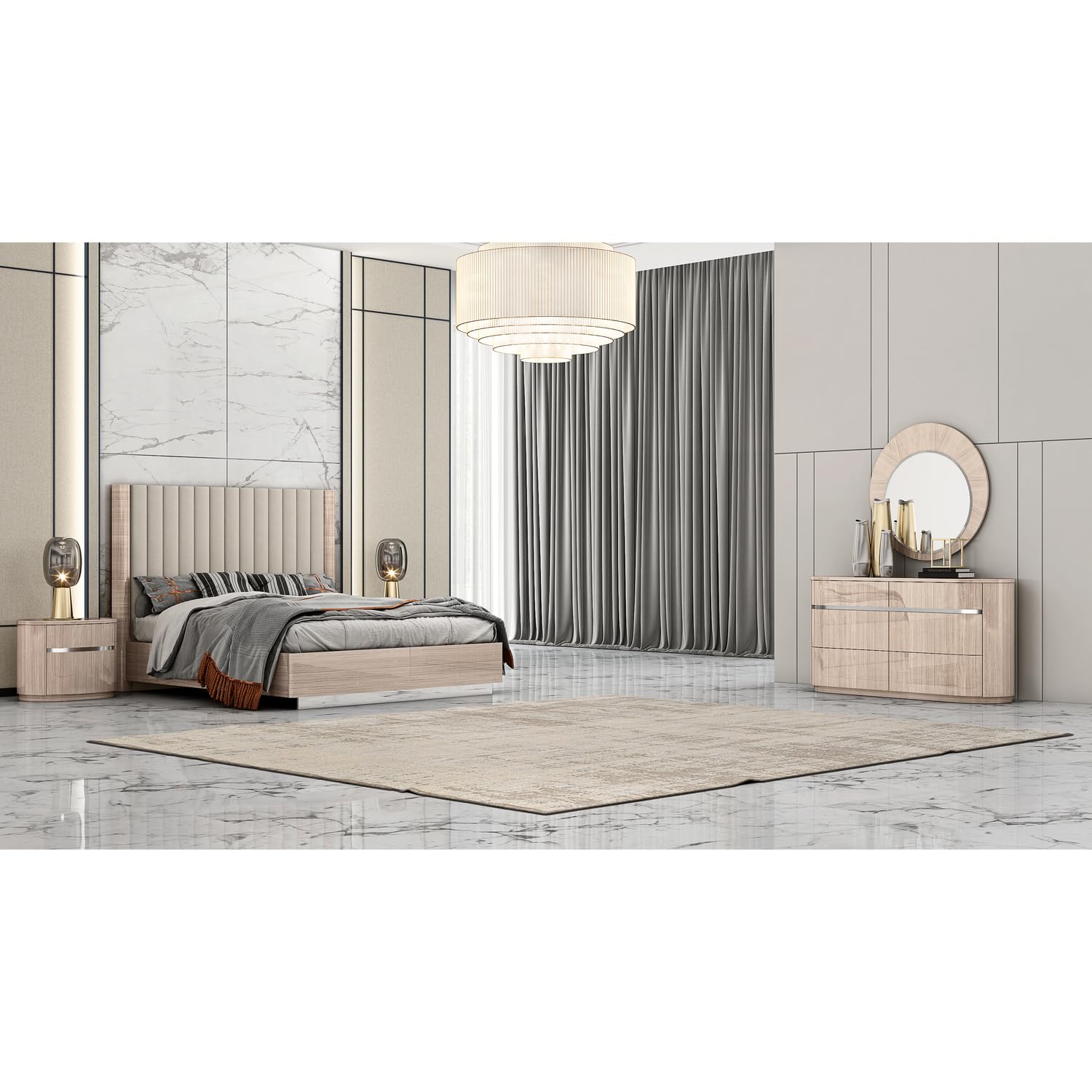High Gloss Beige Round Wall Mirror - Modern Decorative Waves Design for Living Room, Bedroom & Bathroom Decor