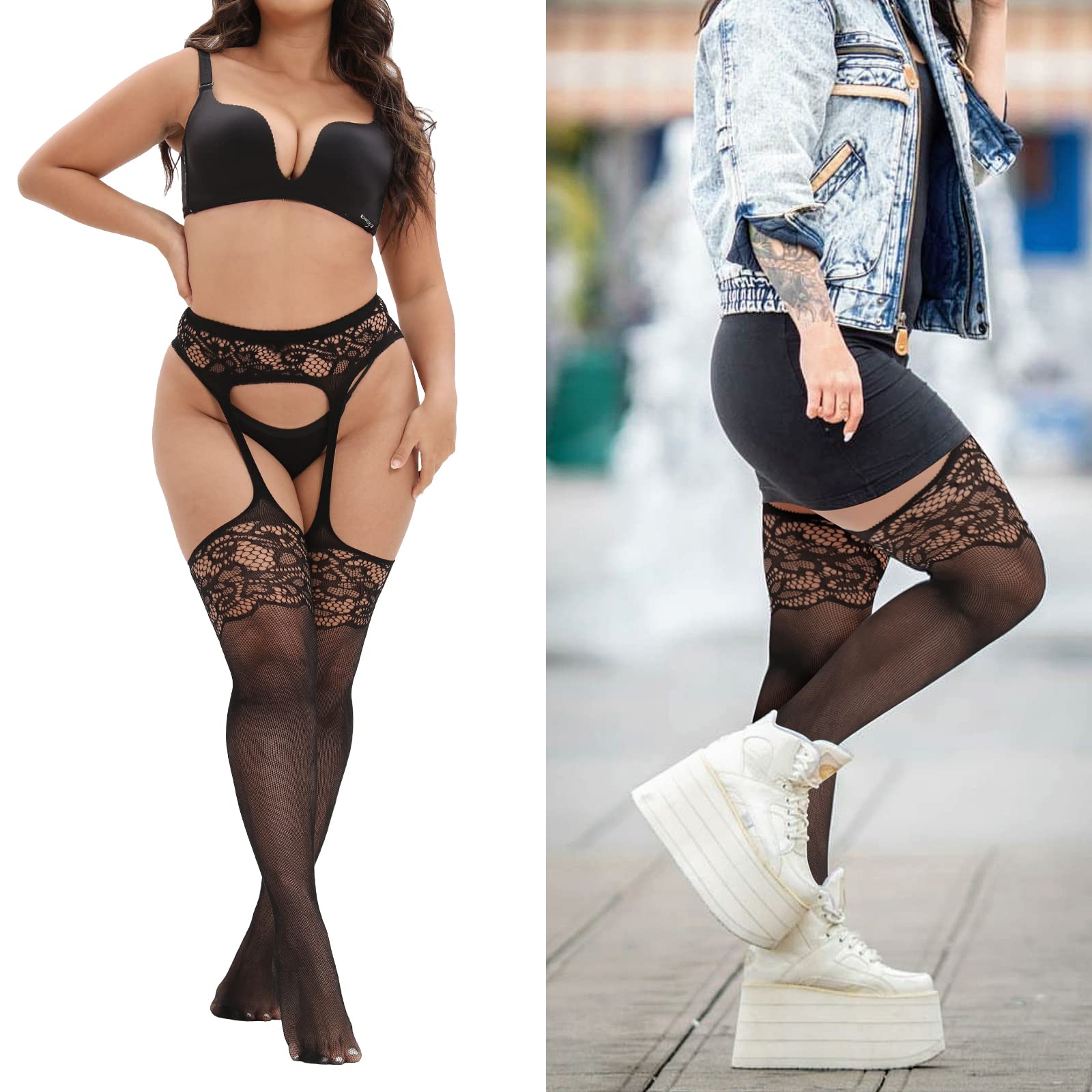 MANZI Plus Size Thigh High Stockings for Women - Sexy Suspender Garter Fishnet Tights with Stylish Patterns | Perfect for Cosplay, Date Night & Lingerie Outfits
