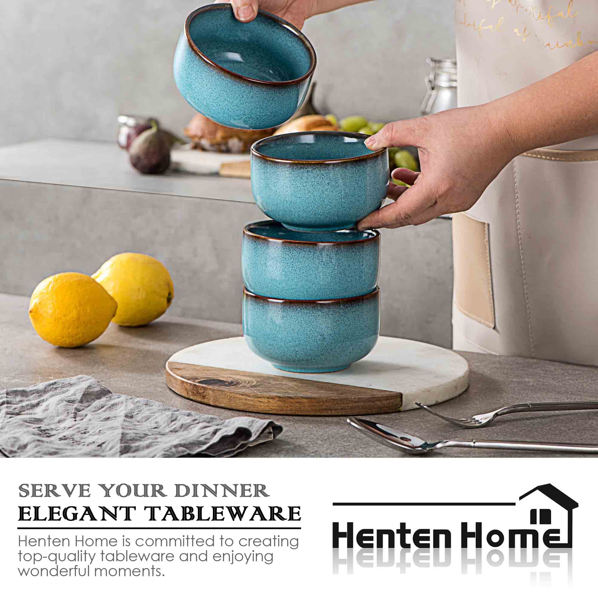 Henten Home 15 oz Ceramic Salad Bowls Set of 4 - Microwave Safe Porcelain Rice & Cereal Bowls with Reactive Glaze for Soup, Pasta, Snacks (Aqua) - Perfect for Kitchen, Dining, and Entertaining