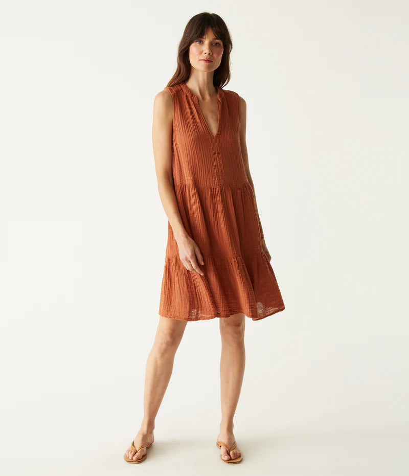 Elegant Daisy Print Gauze Dress in Toffee - Perfect for Summer Beach Vacations & Boho Chic Outfits