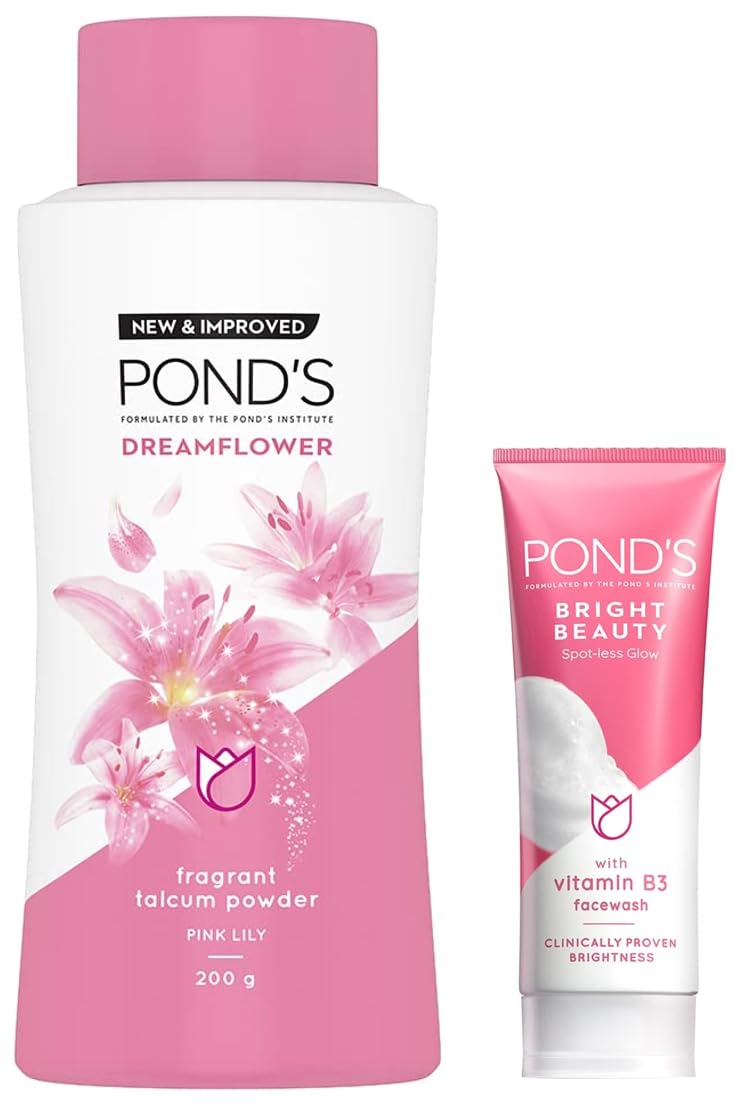 POND'S Dream Flower Talc Powder 200g & Bright Beauty Spot-less Glow Face Wash 100g - Vitamin Enriched, Exfoliating, Dark Spot Removal for All Skin Types | Daily Skincare Routine, Fresh Feeling, Radiant Complexion