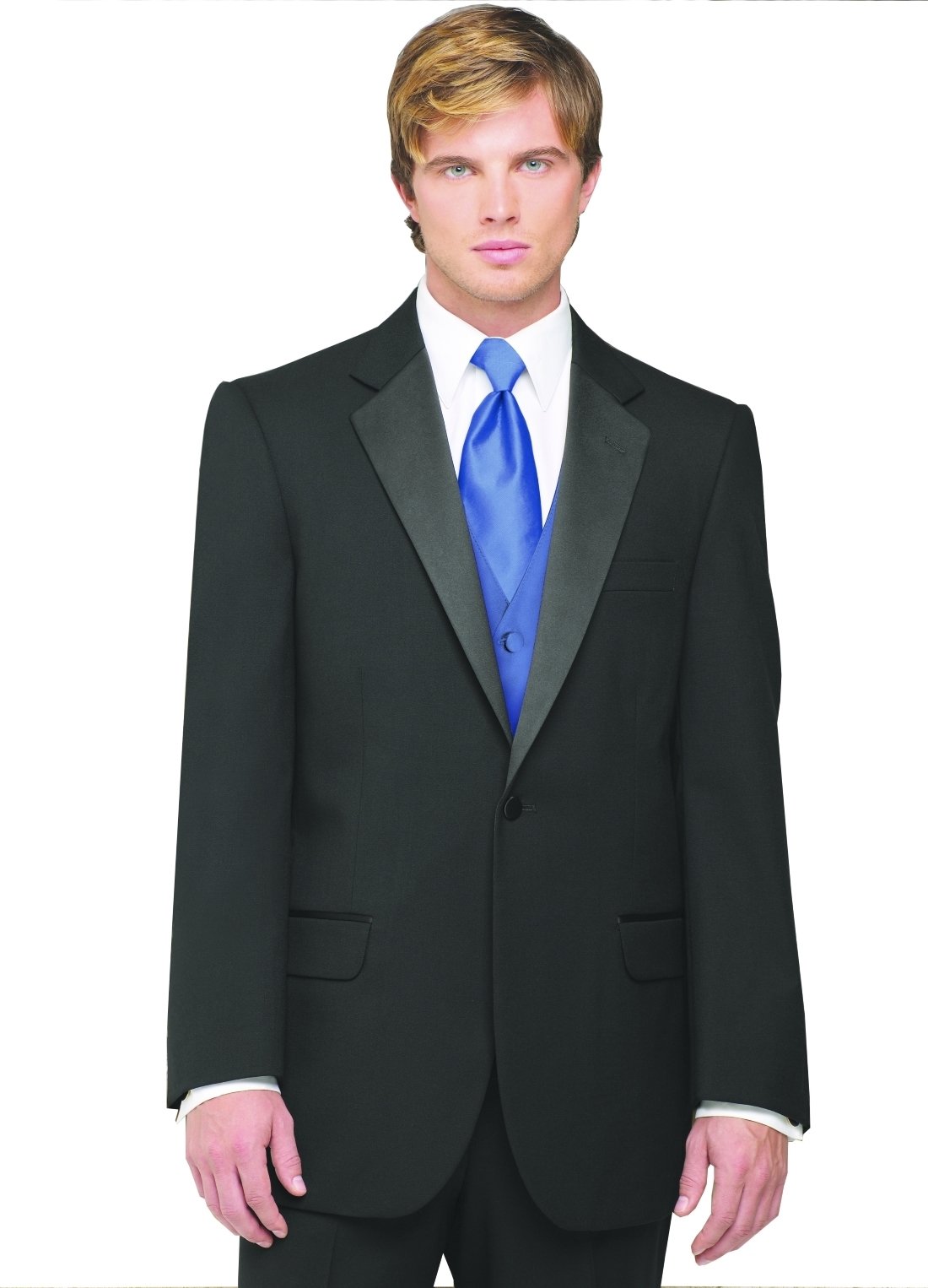 7-Piece Men's Tuxedo Suit Set with Flat Front Pants, Royal Blue Vest & Tie | Formal Wedding, Prom, Black Tie Event Attire