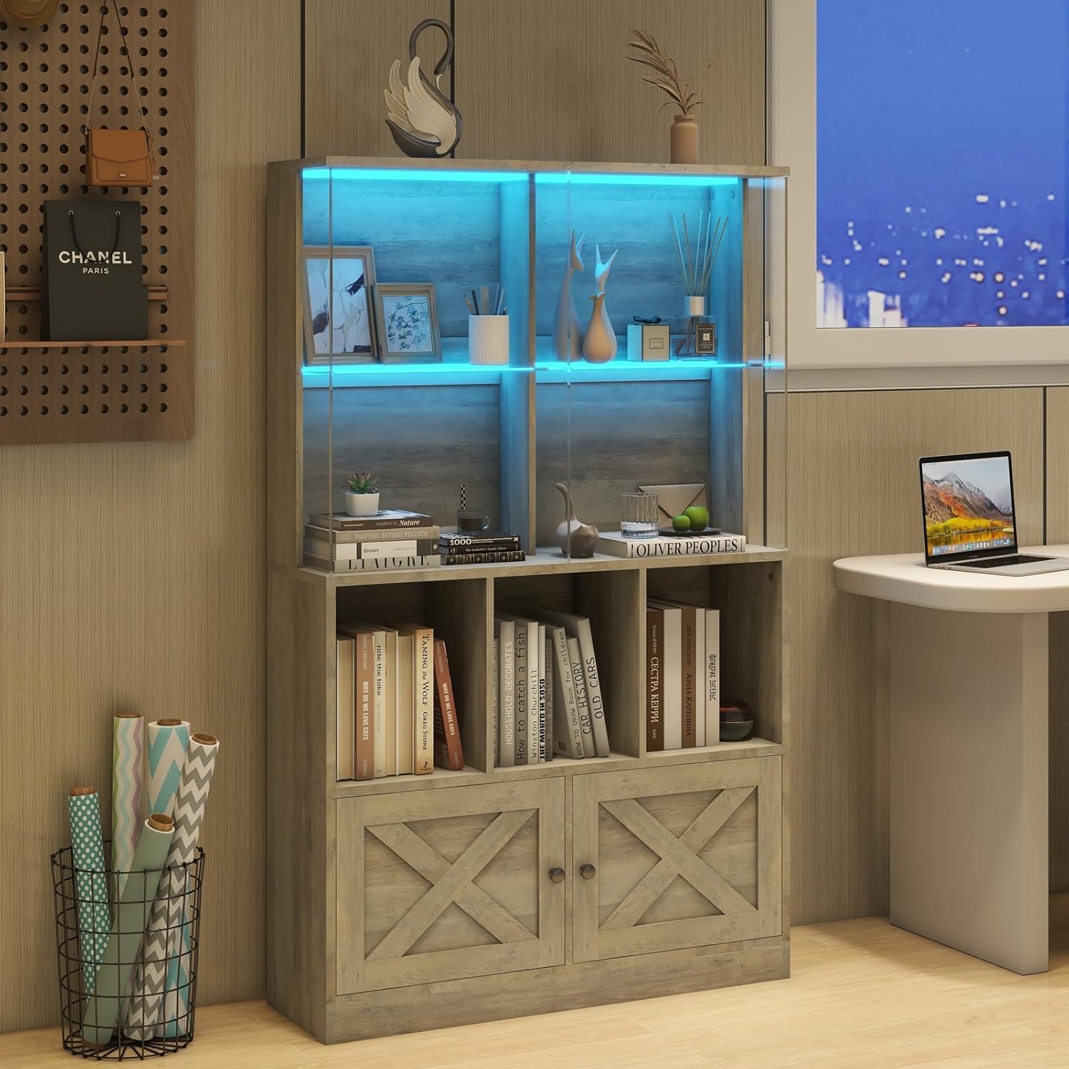Glass Display Cabinet with LED Lights - Adjustable Color Temperature & Brightness, Rustic Grey Bookcase for Collectibles, Home Decor | Perfect for Showcasing Action Figures, Antiques & Home Decoration