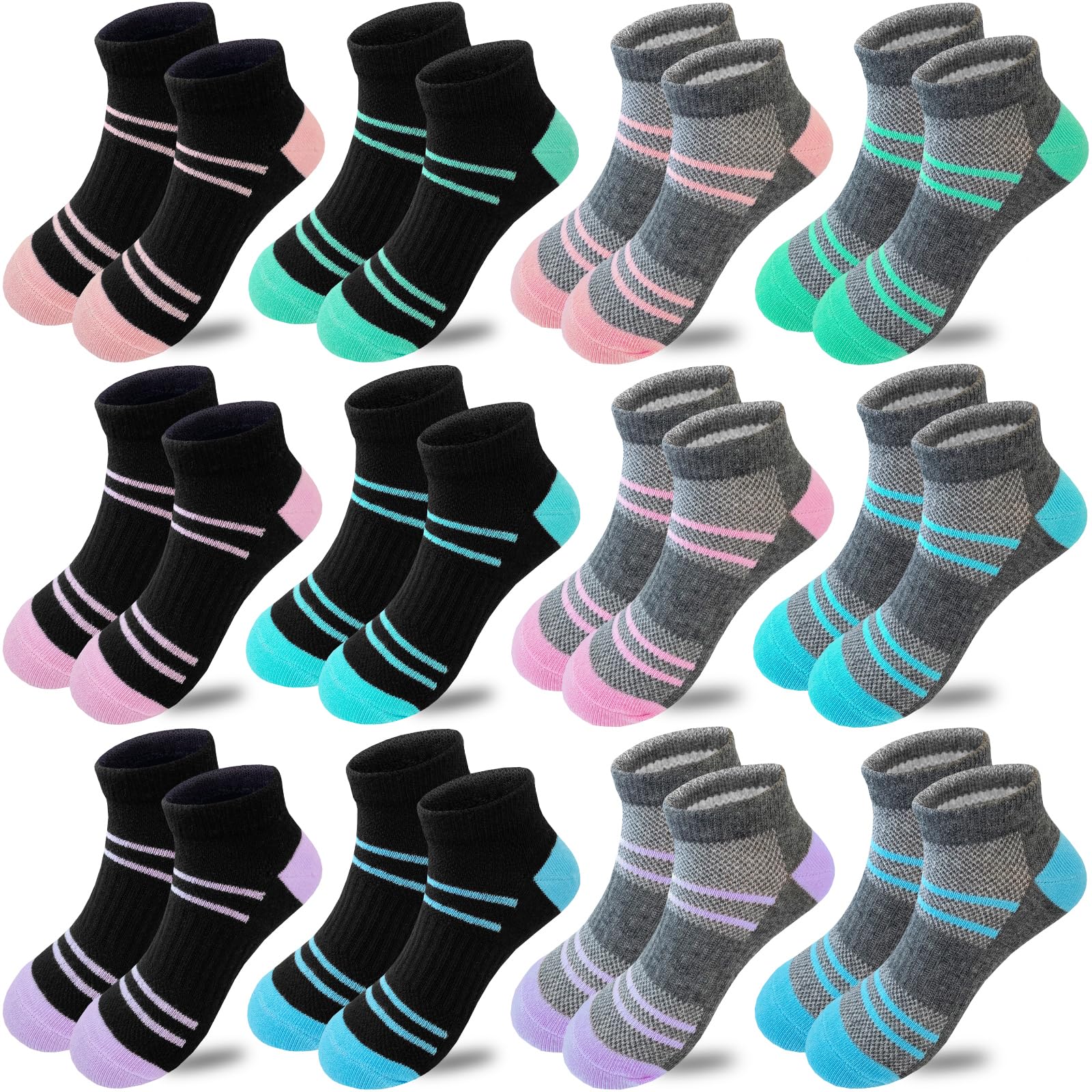 Bemeol 12 Pairs Girls Athletic Socks - Low Cut Ankle Sports Socks for Kids, Soft Cotton Breathable Socks for Running, School, and Daily Wear