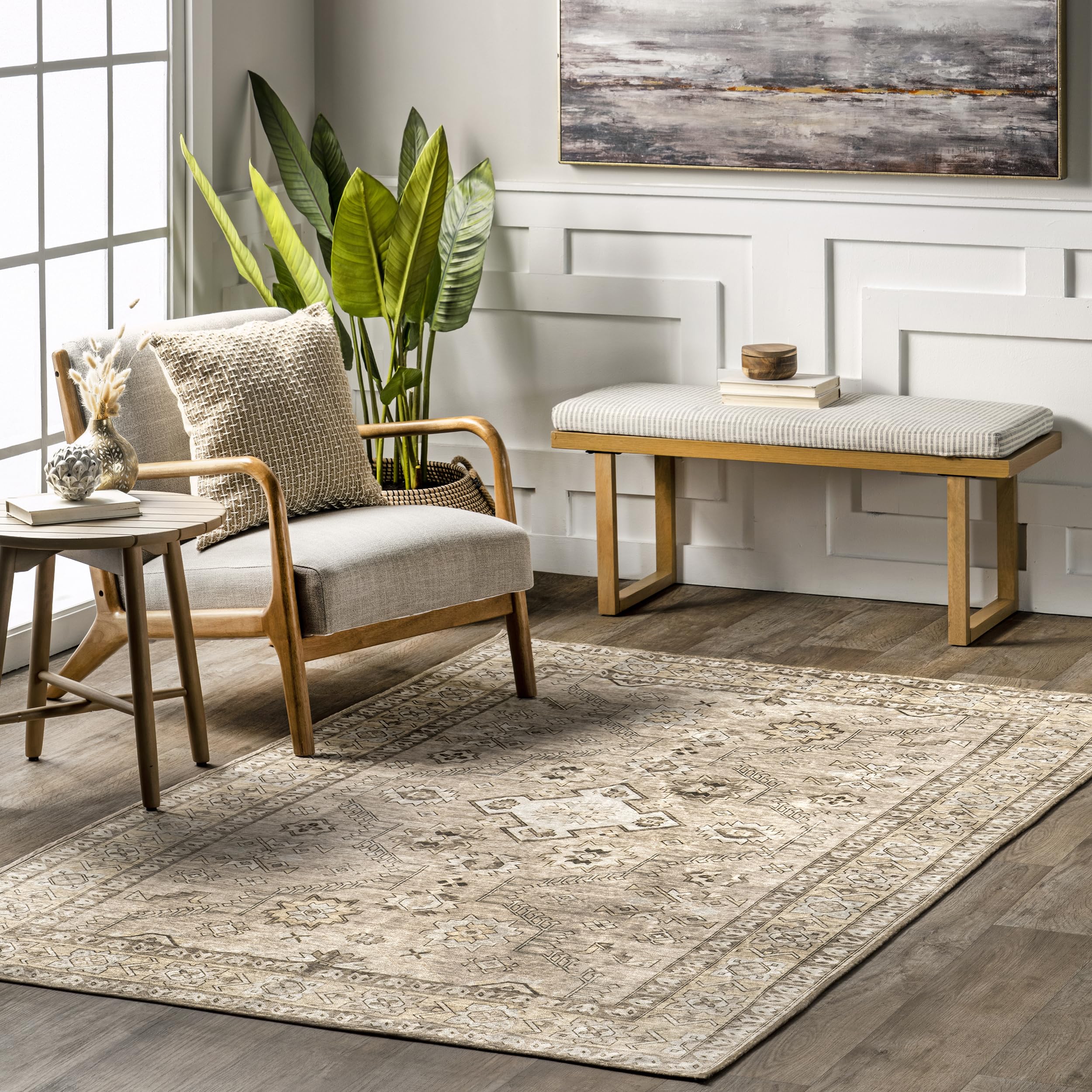 nuLOOM 5' x 8' Alecia Beige Area Rug - Machine Washable, Stain-Resistant Low Profile Rug for Living Room, Bedroom & Dining Room | Perfect for High Traffic Areas, Home Decor & Pet-Friendly Spaces
