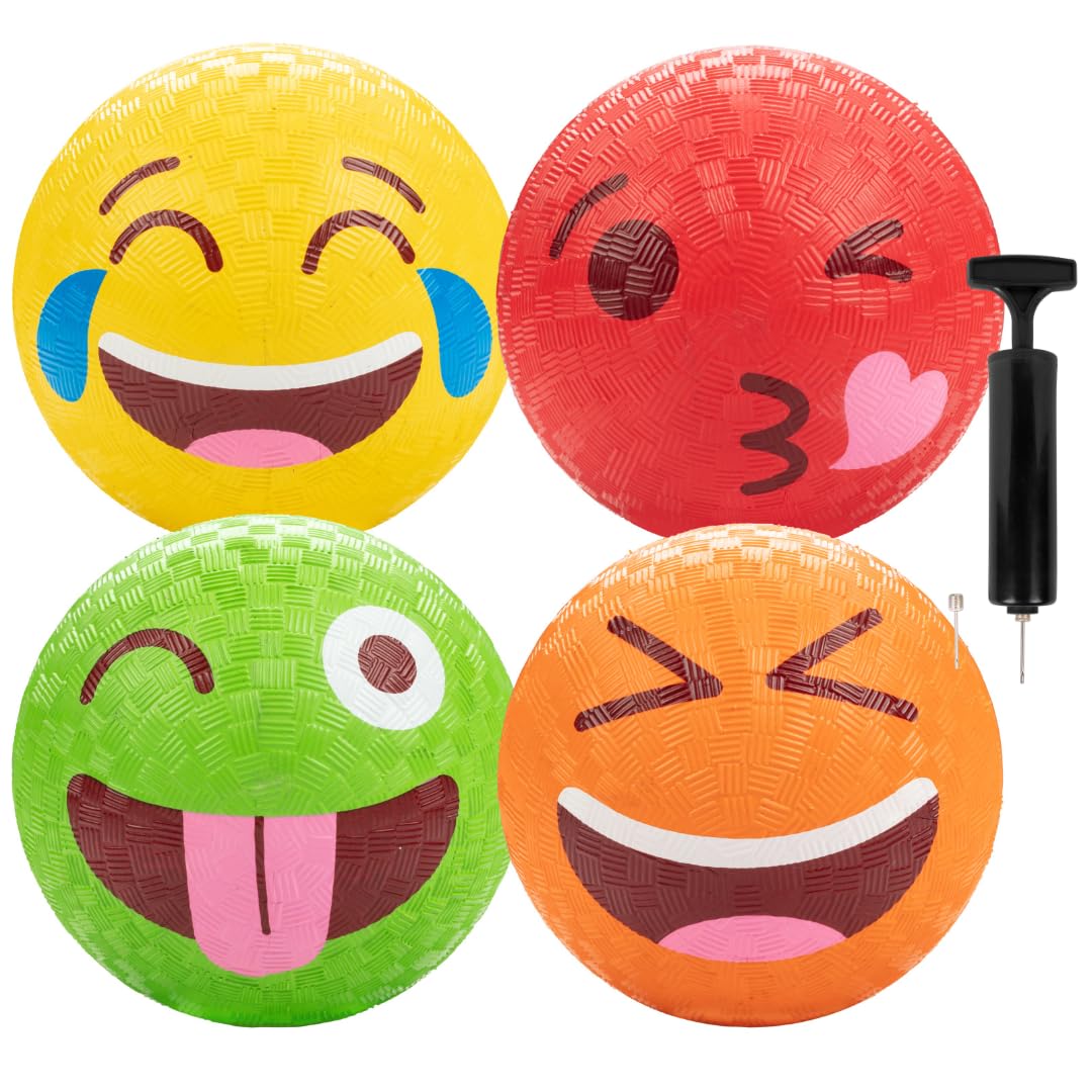 **5 Inch Gaga Ball Playground Set (4 Pack with Silly Faces) - Official Size Durable Rubber Dodgeball & Handball for Kids - Includes Air Pump - Perfect for Outdoor Play, 4 Square, Birthday Parties & School Recess Games**