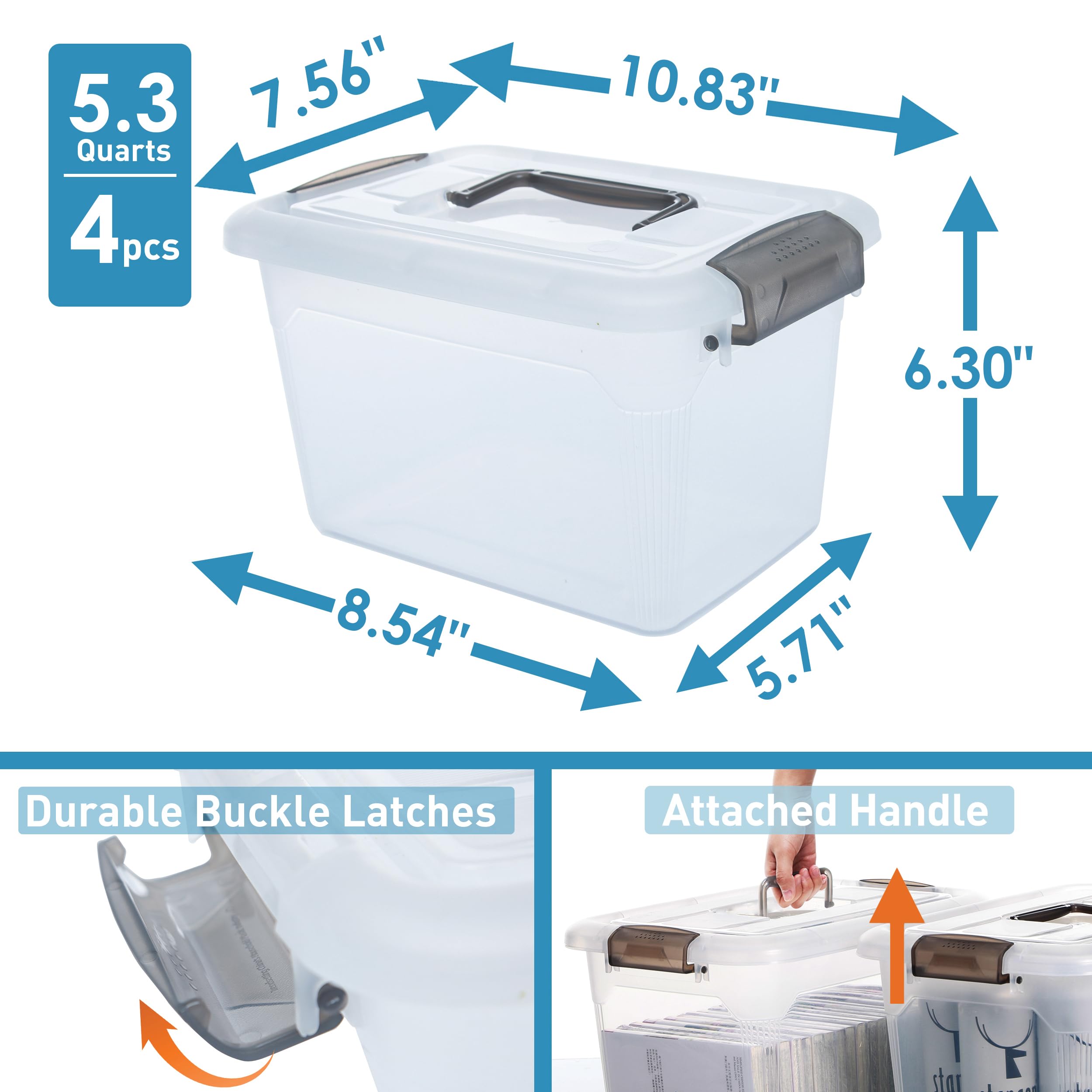 4-Pack Clear 6 QT Plastic Storage Bins with Lids & Gray Handles - Stackable Organizing Containers for Home, Office, Pantry, and Closet Organization