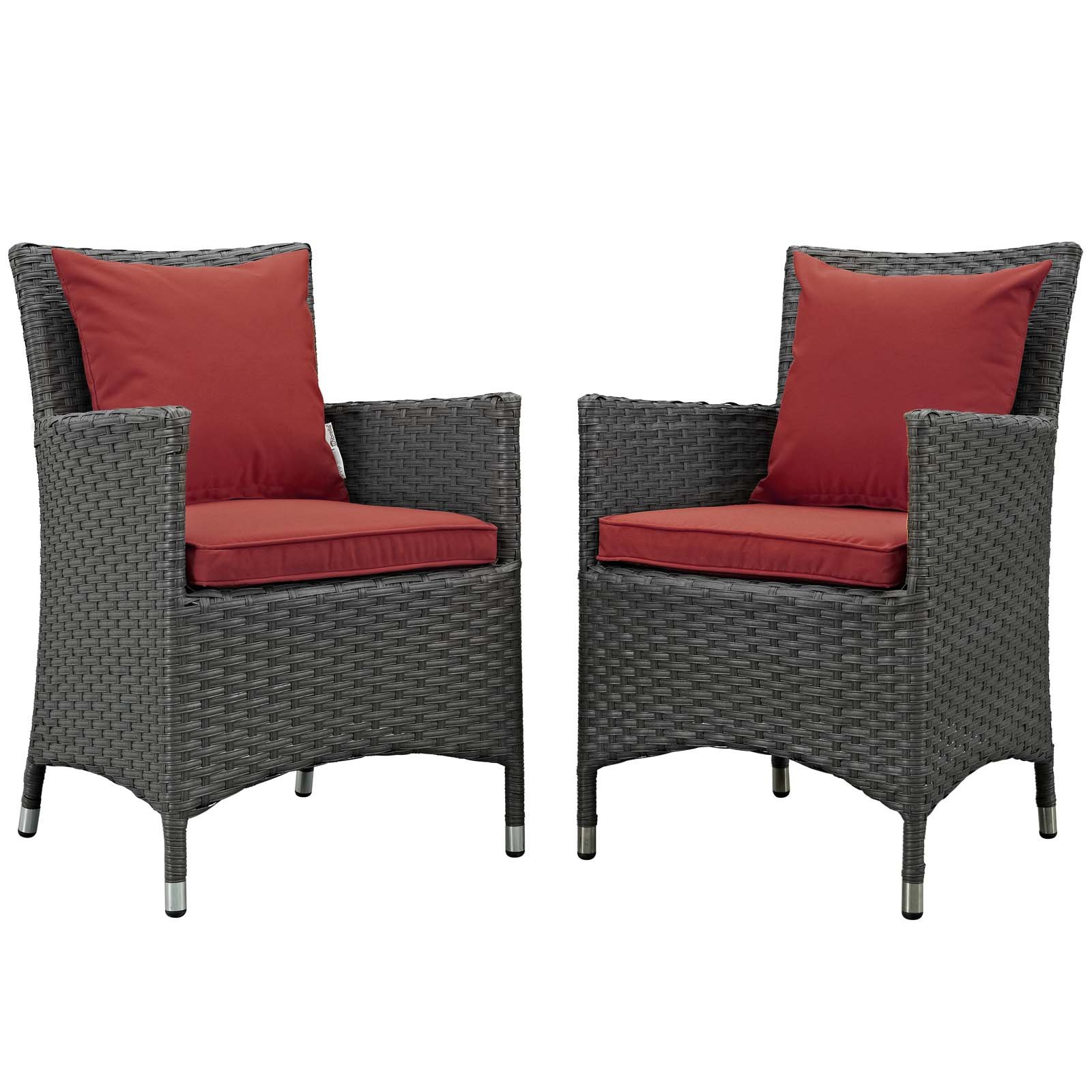 Modern Contemporary Outdoor Patio Side Dining Chair Set of 2 - Sunbrella Rattan Wicker in Red - Perfect for Backyard, Garden, Poolside & Patio Relaxation