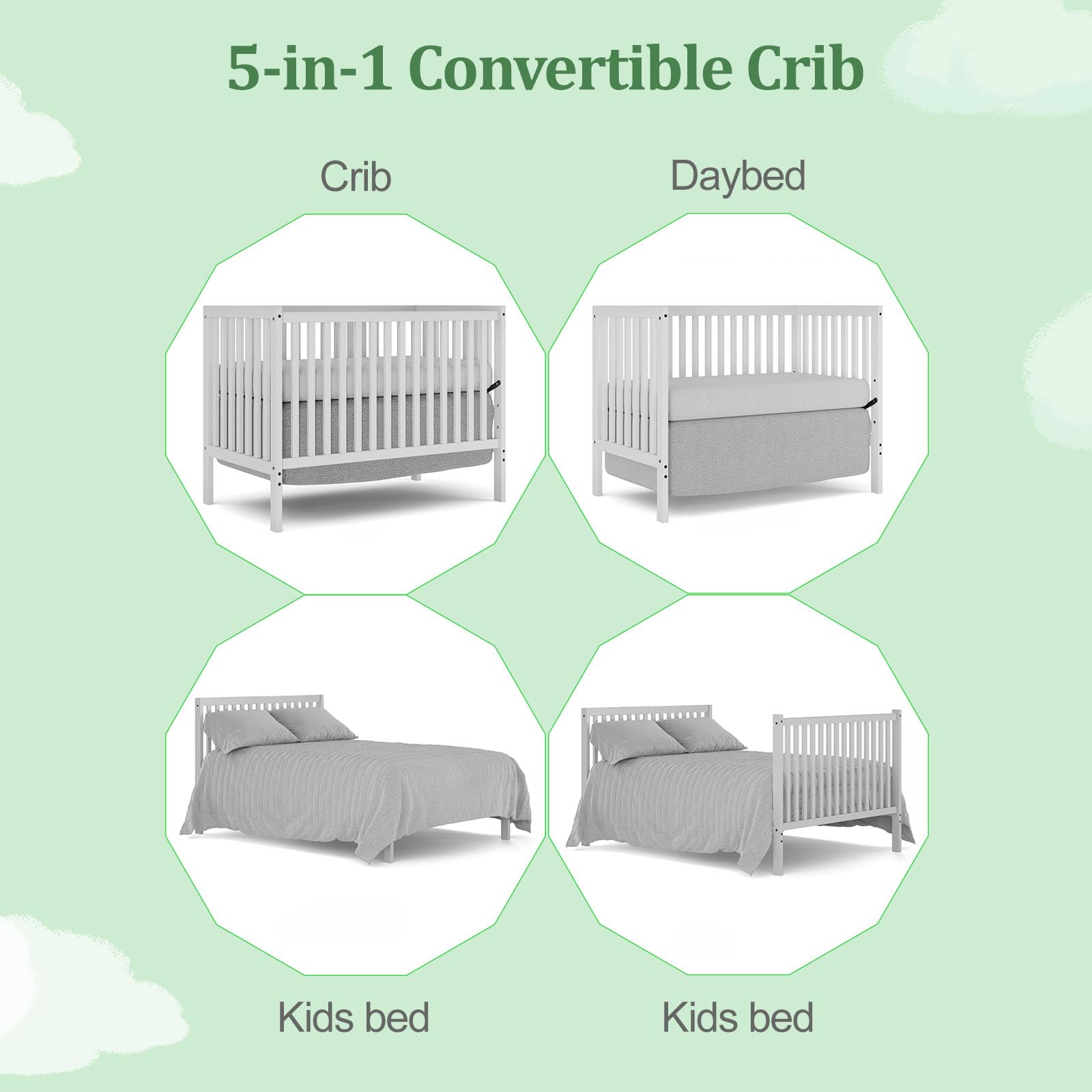 5-in-1 Convertible Baby Crib to Toddler Bed, Daybed & Full Size Bed Frame - White Nursery Furniture for Newborn & Growing Kids (Mattress Not Included) | Perfect for Nursery Rooms, Daycare Centers & Small Bedrooms