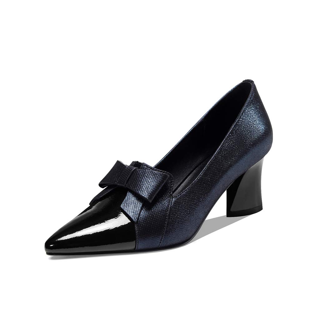 TinaCus Women's Handmade Leather Glossy Pointed Toe Mid Heel Slip On Loafers - Cute Bowtie Pumps for Office, Party & Dressy Occasions