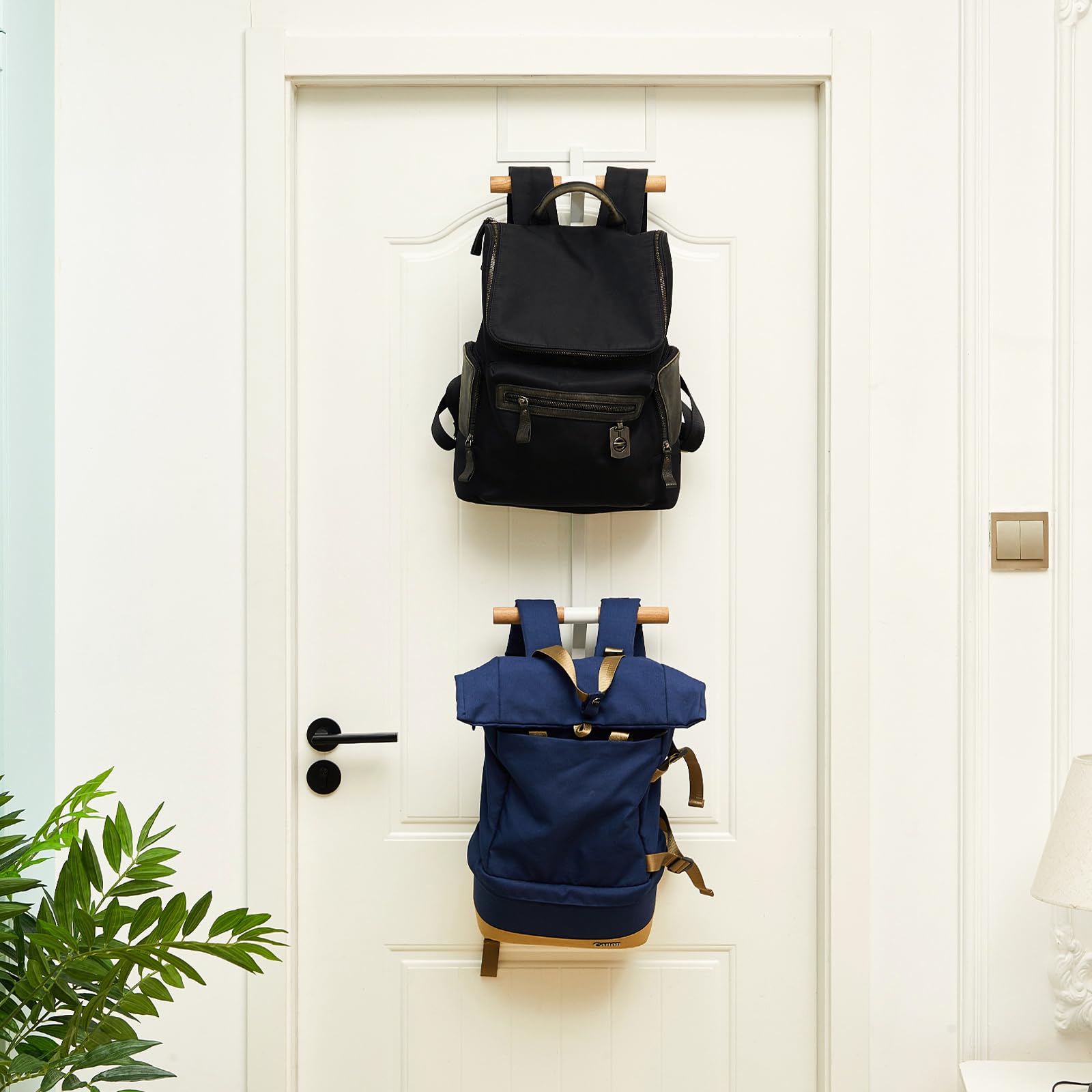 Briwooody Over The Door Backpack Hanger - 2 Tier Metal Storage Rack for School Bags, Closet & Bedroom Organization - Easy Install White Hook for Space Saving (Perfect for Dorm, Kids Room & Small Spaces)