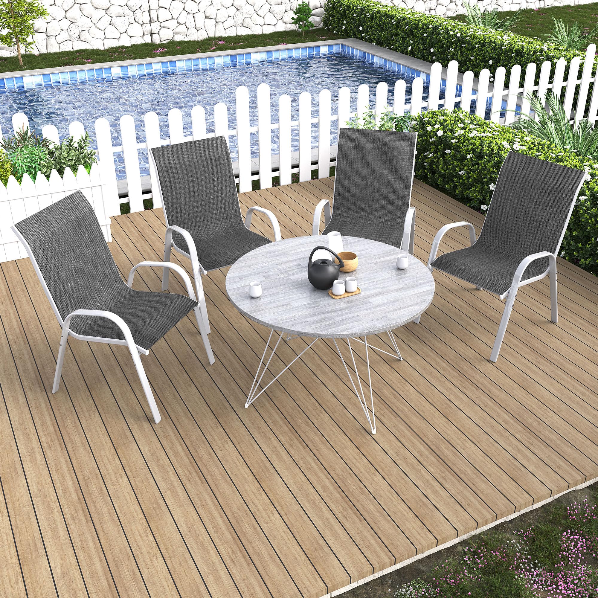 **Amopatio 4-Piece Stackable Patio Chairs Set – All-Weather Outdoor Dining Chairs, Breathable & Comfortable Silver Garden Furniture for Backyard, Deck, Poolside – Dark Grey**    *(Perfect for outdoor dining, BBQs, poolside relaxation, and garden gatherings)*