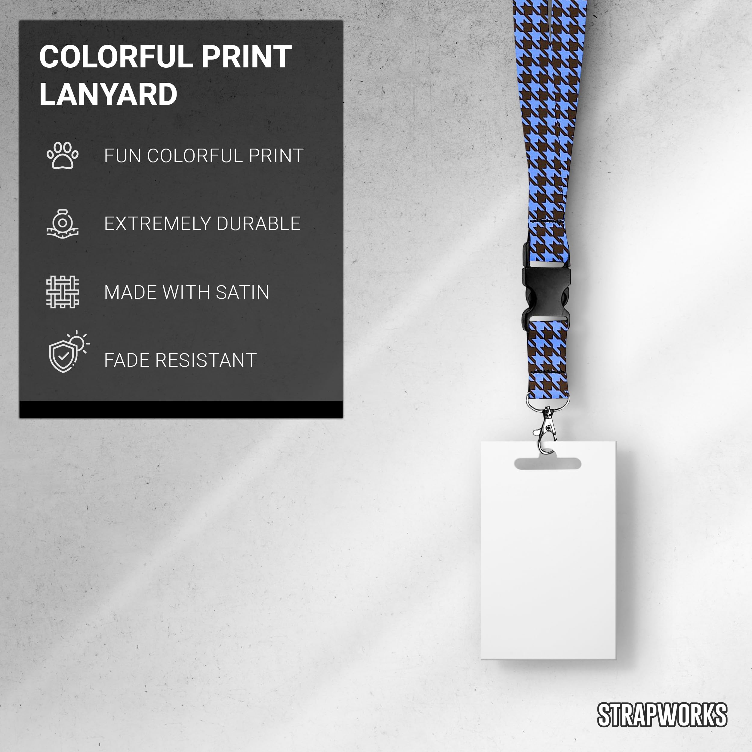Custom Printed Lanyard with Side Release Buckle & Snap Hook - 3/4 Inch Houndstooth Brown Blue Satin Keychain Necklace for ID Badges, Keys & Work Accessories - Perfect for Office, Events, Conferences & Trade Shows