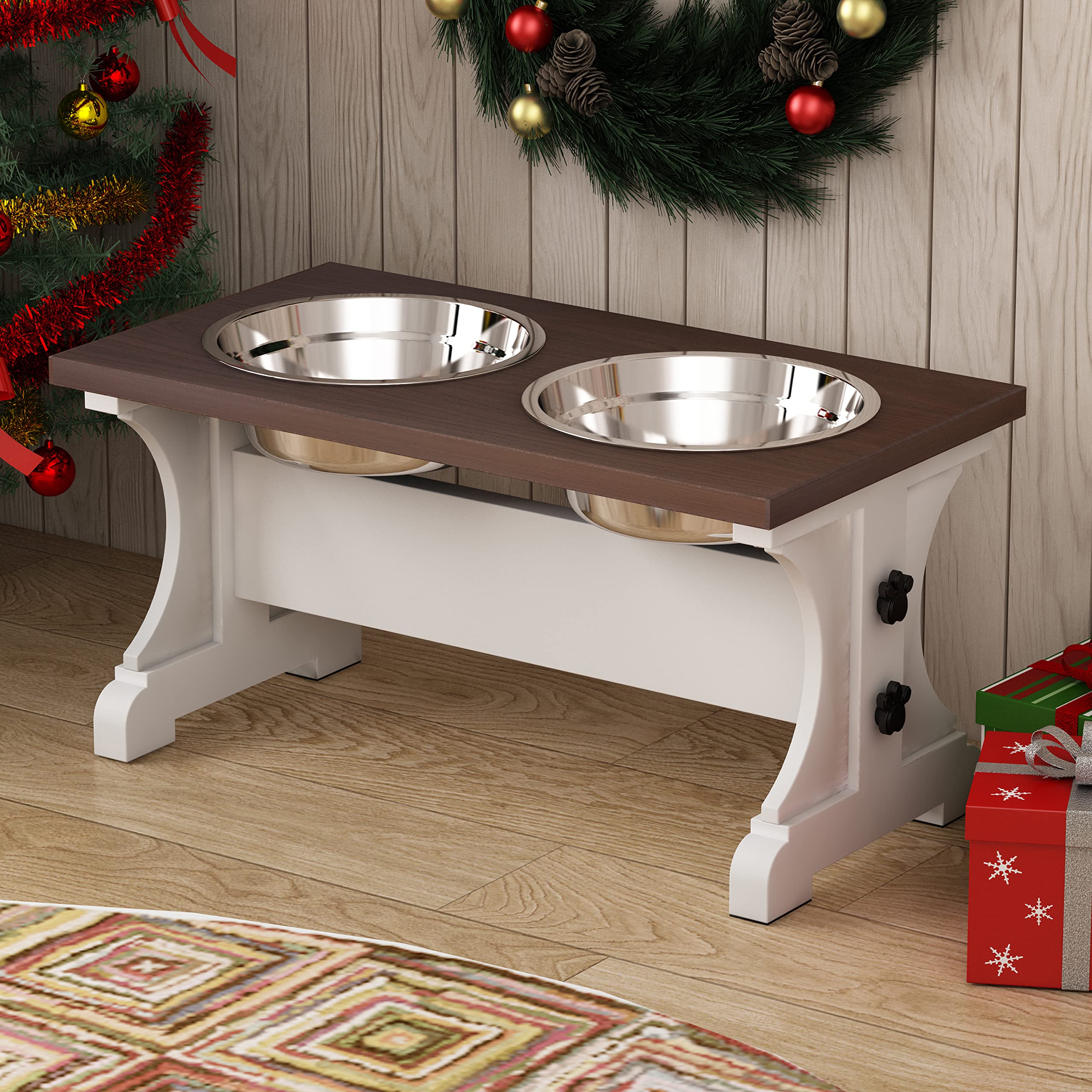 **Piskyet Elevated Dog Bowls Stand - Modern Farmhouse Wooden Raised Feeder for Small & Medium Dogs (8.6