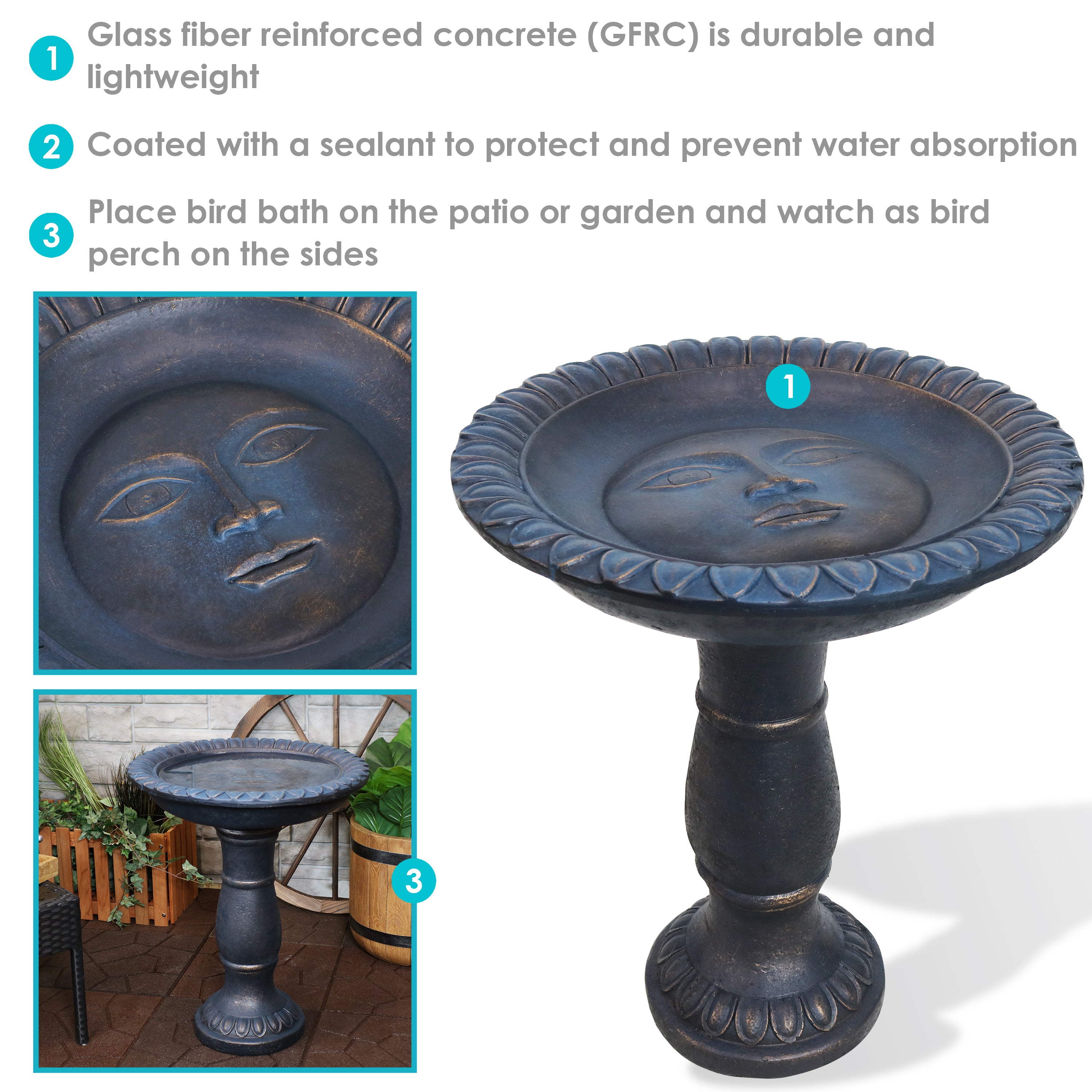 Sunnydaze Reinforced Concrete Bird Bath - Durable Outdoor Garden Decor for Birds - Perfect for Backyards, Patios & Gardens