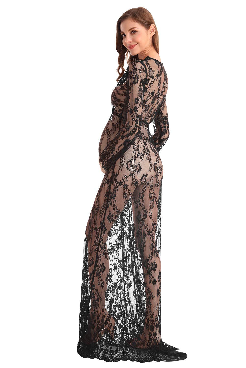 MYRISAM Women's Boudoir Maternity Lace Dress - Long Sleeve Deep V-Neck Wedding Party Gown for Milk Bath Photoshoot, Bridal Shower & Maternity Photography
