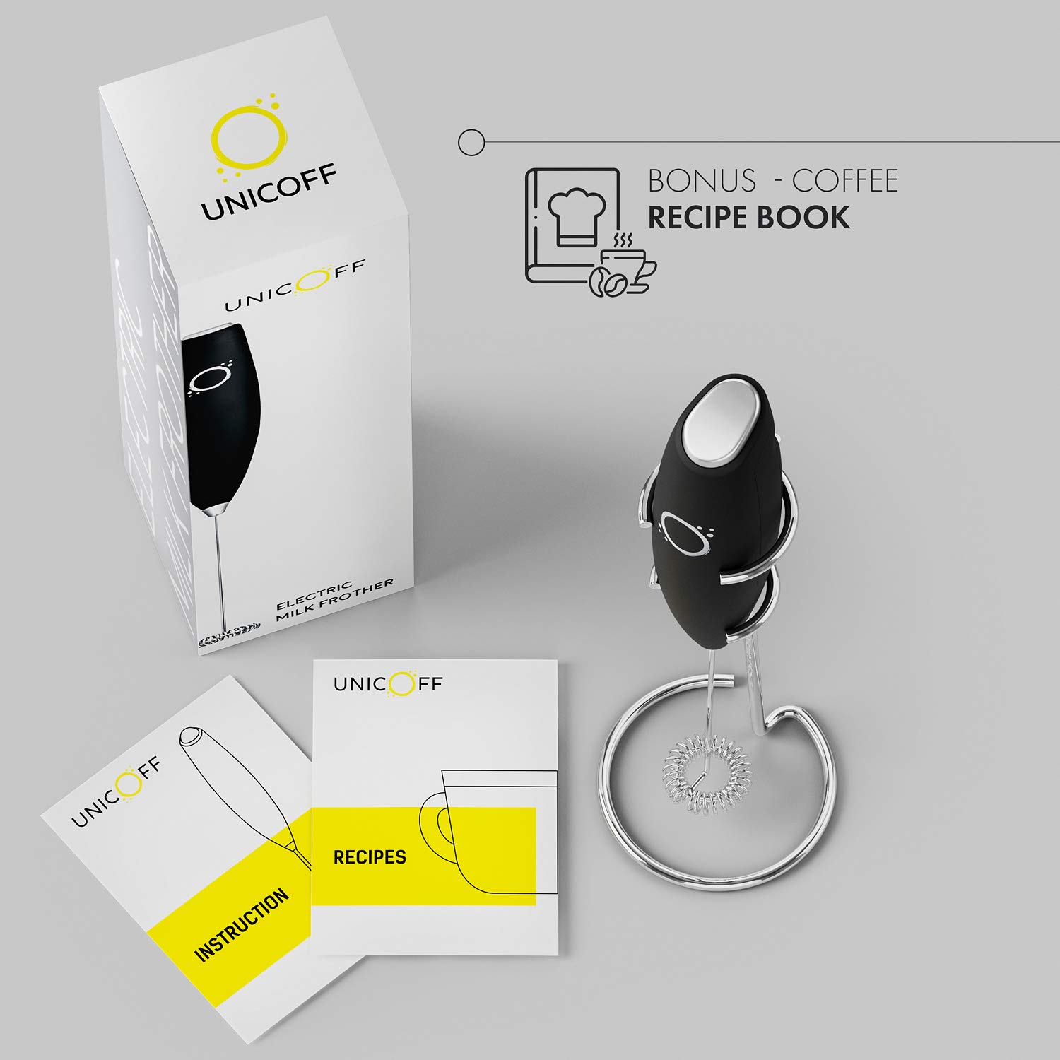 Premium Handheld Milk Frother for Coffee & Matcha - Electric Drink Mixer with Stainless Steel Whisk - Ergonomic Design with Stand & Recipe Book - Perfect for Lattes, Cappuccinos & Hot Chocolate at Home - by Unicoff (Black)