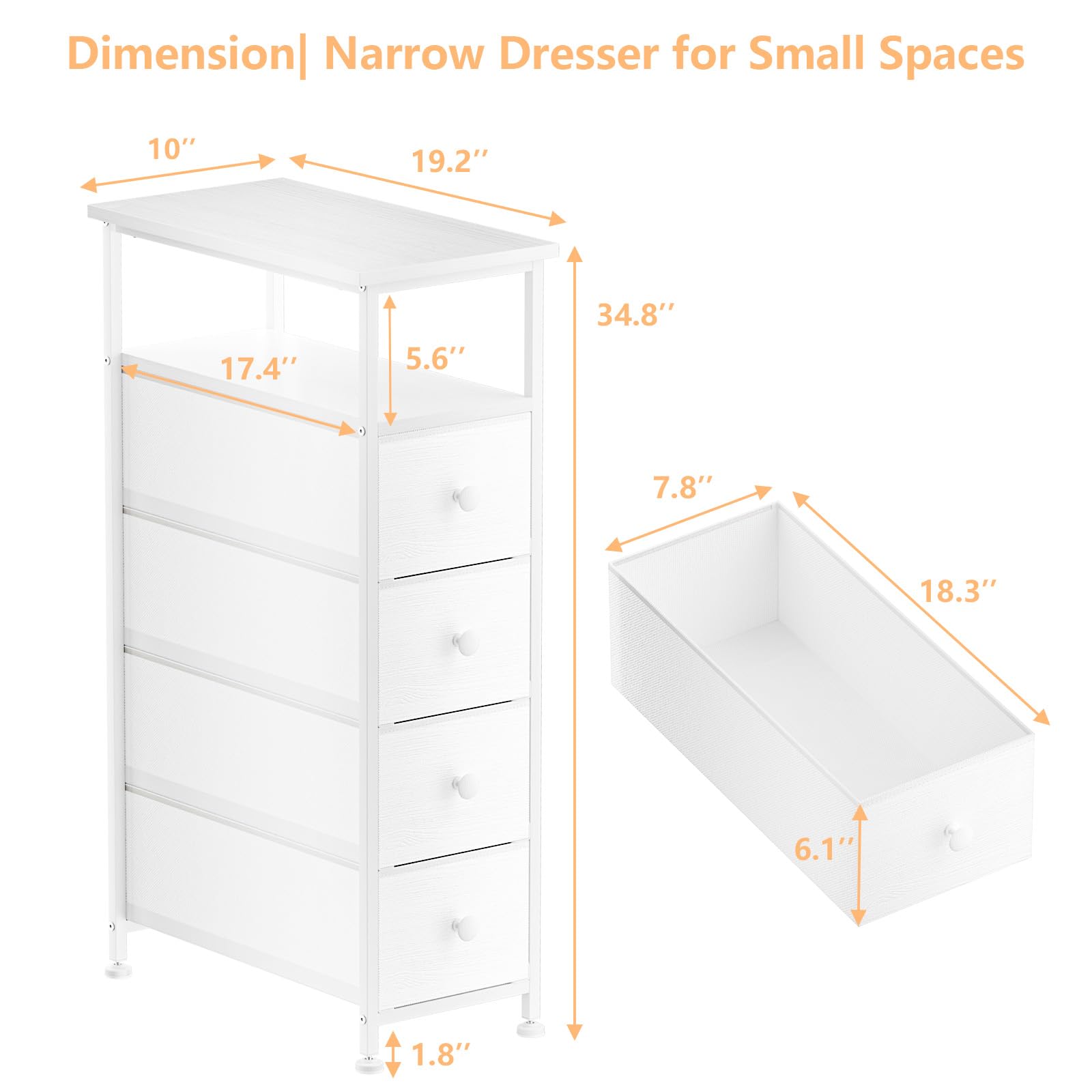 Slim White Dresser Storage Tower with 4 Fabric Drawers & Wood Shelf - Space-Saving Bedroom Nightstand, Bathroom Organizer for Small Spaces, Closet & Laundry Room - Perfect for Apartment Living & Dorm Storage