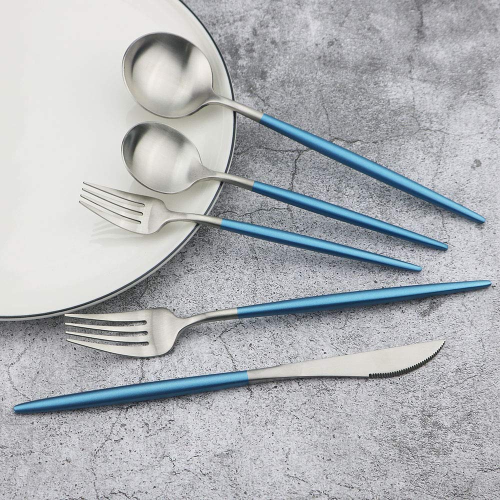 Premium JASHII 24-Piece Stainless Steel Flatware Set - Matte Silverware with Blue Handles for 4 People, Durable Kitchen & Tableware Cutlery for Home, Restaurant & Dinner Parties | Elegant Dining Utensils for Everyday Use & Special Occasions