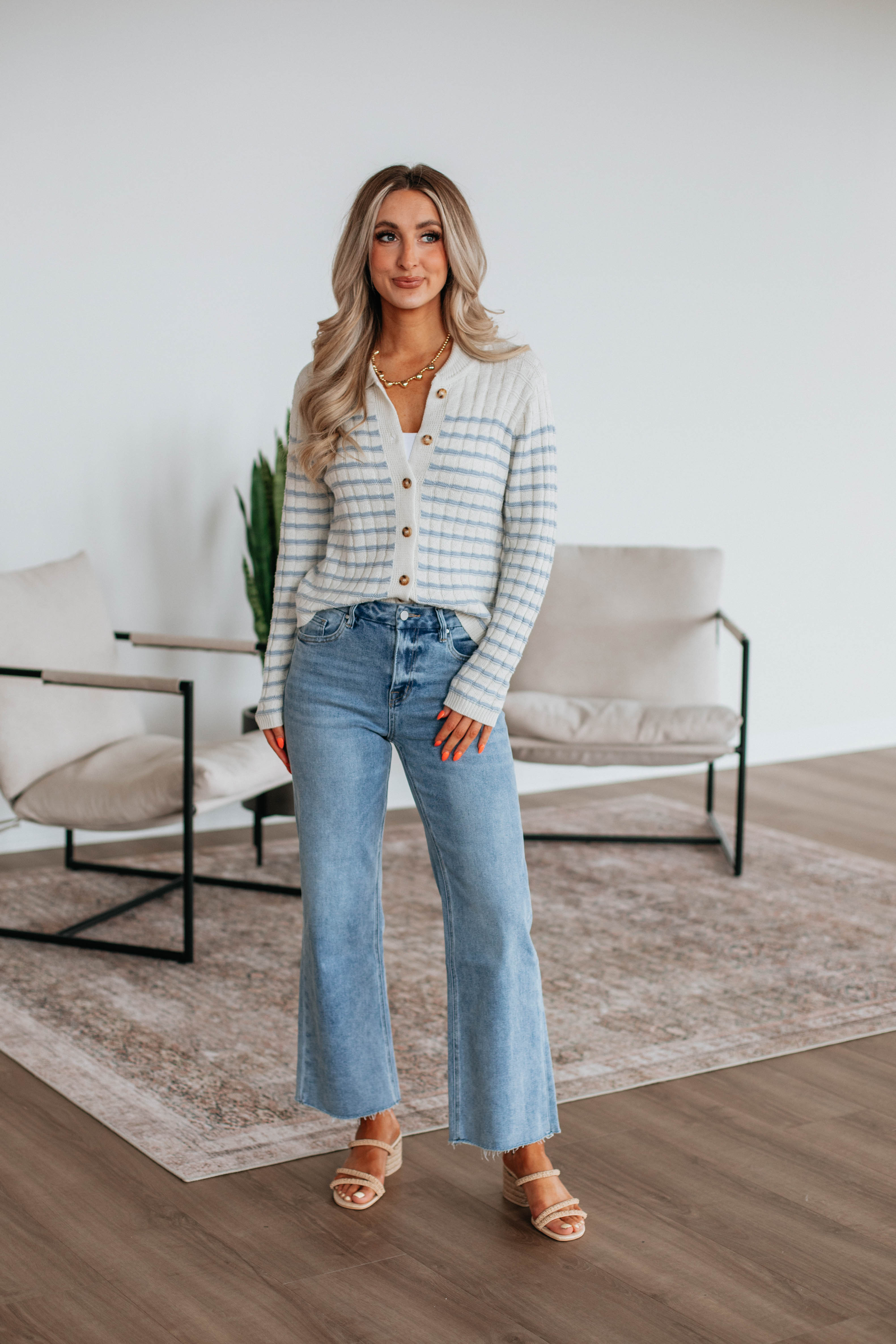 Emaline Striped Cardigan Women's Lightweight Knit Sweater - Sky Blue Mix Color for Casual Outfits & Fall Layering