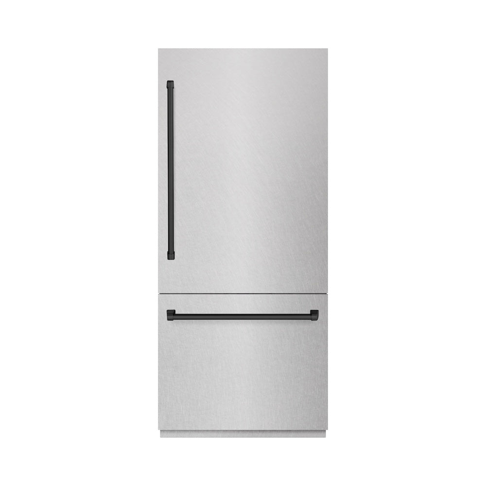 ZLINE Autograph Edition 36 Inch Built-In Bottom Freezer Refrigerator - 19.8 cu ft Capacity, Water Dispenser & Ice Maker - Satin Stainless Steel with Matte Black Accents (RBITZ SN 36 MB) - Perfect for Modern Kitchens, Open Concept Homes & Luxury Appliances Upgrade