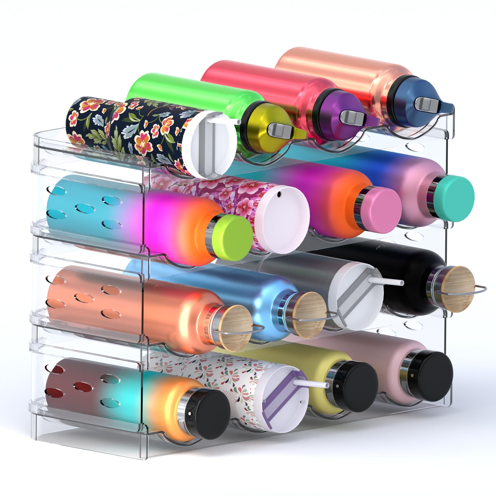 4-Tier Stackable Water Bottle Organizer for Cabinet & Pantry - Holds 16 Bottles, Space-Saving Tumbler Storage Rack for Refrigerator or Countertop - Perfect for Kitchen, Office & Dorm Organization