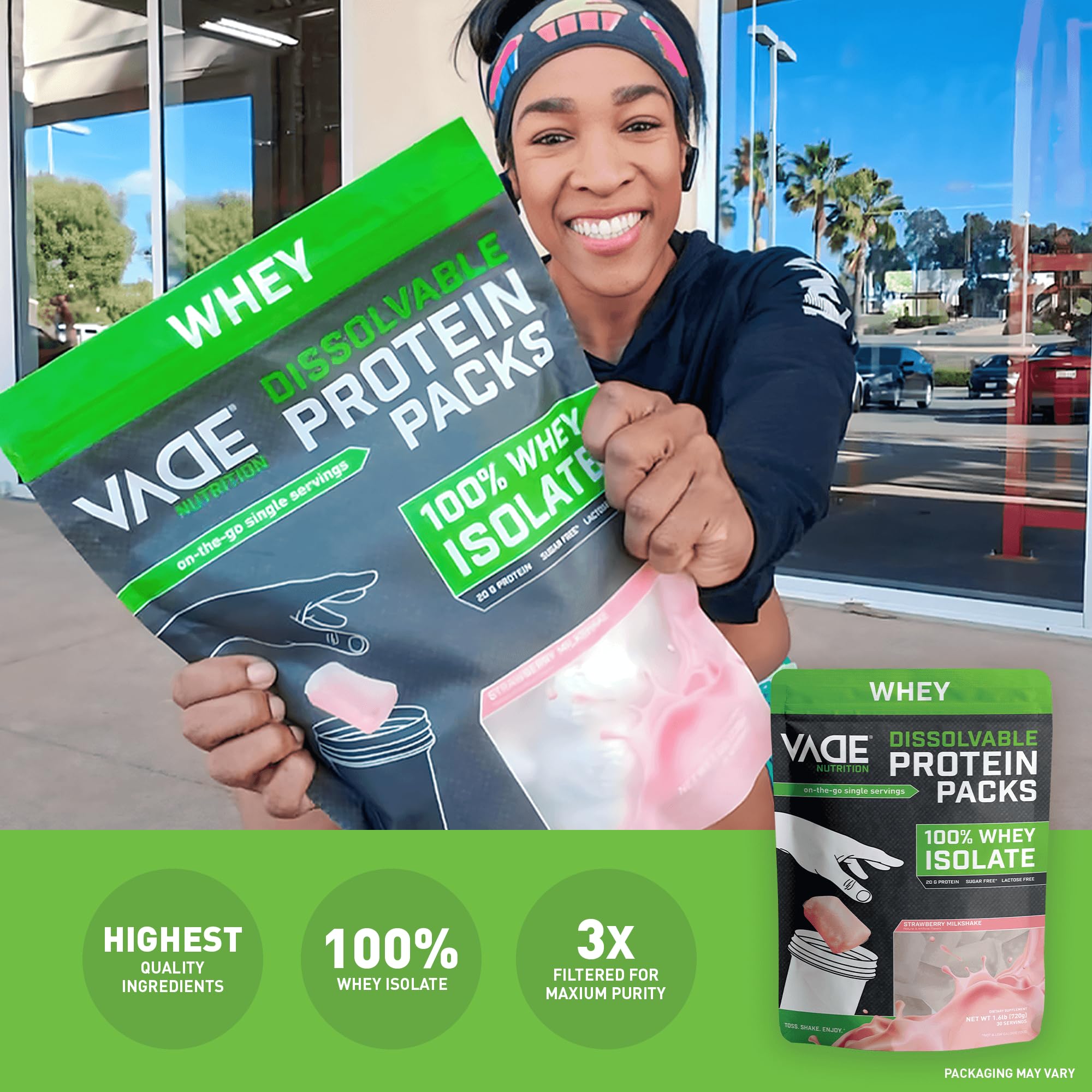 VADE Nutrition Dissolvable Protein Packs - Strawberry Milkshake Whey Isolate Protein Powder | Low Carb, Low Calorie, Lactose & Gluten Free, Fat & Sugar Free | 30 Servings for Gym, Workout Recovery & On-The-Go Nutrition