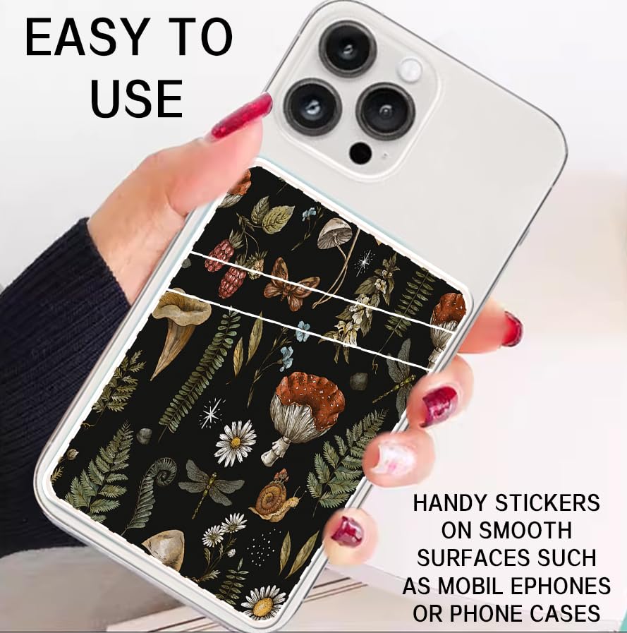 Premium Leather Phone Card Holder - Dual Pocket Adhesive Wallet for Credit Cards & ID - Slim Stick-on Phone Wallet Pouch for iPhone, Samsung & Most Smartphones - Perfect for Travel, Work & Everyday Use - Boho Mushroom Design