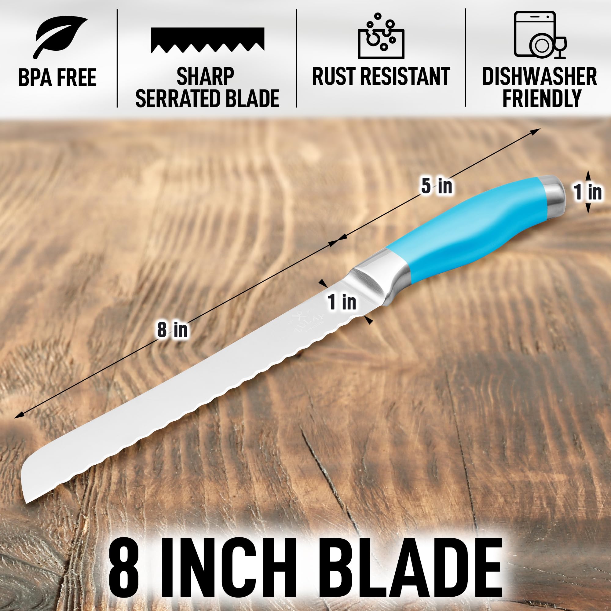 Zulay Premium 8-Inch Serrated Bread Knife - Stainless Steel Blade for Slicing Homemade Bread, Cake, Bagel - Ergonomic 5-Inch Handle with Safety Tip Guard - Perfect for Bakeries, Kitchens & Gift Giving (Blue)