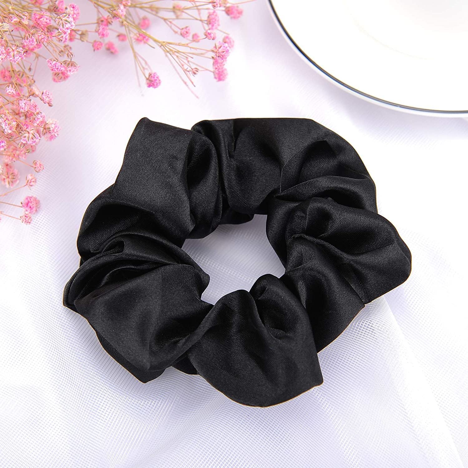FAMEZA 10 Pcs Black Satin Hair Scrunchies - Soft Elastic Hair Bands for Women & Girls - No Damage Hair Ties for Ponytails, Buns & Braids - Perfect Hair Accessories for Work, Gym & Everyday Use
