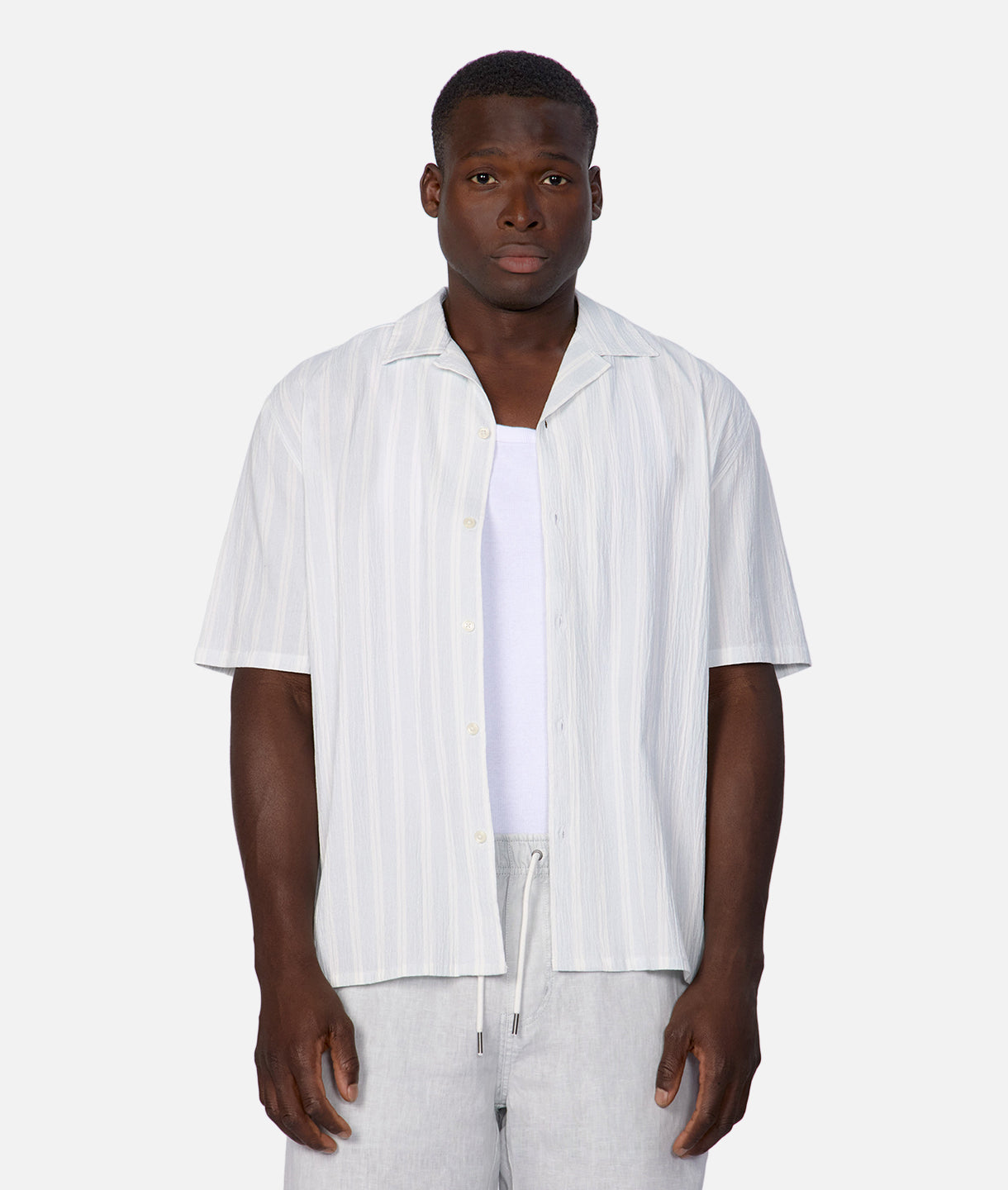 Premium Striped Short Sleeve Shirt for Men - Soft Cotton Breathable Summer Top in Mint Cream | Casual Wear, Office Outfit & Vacation Style