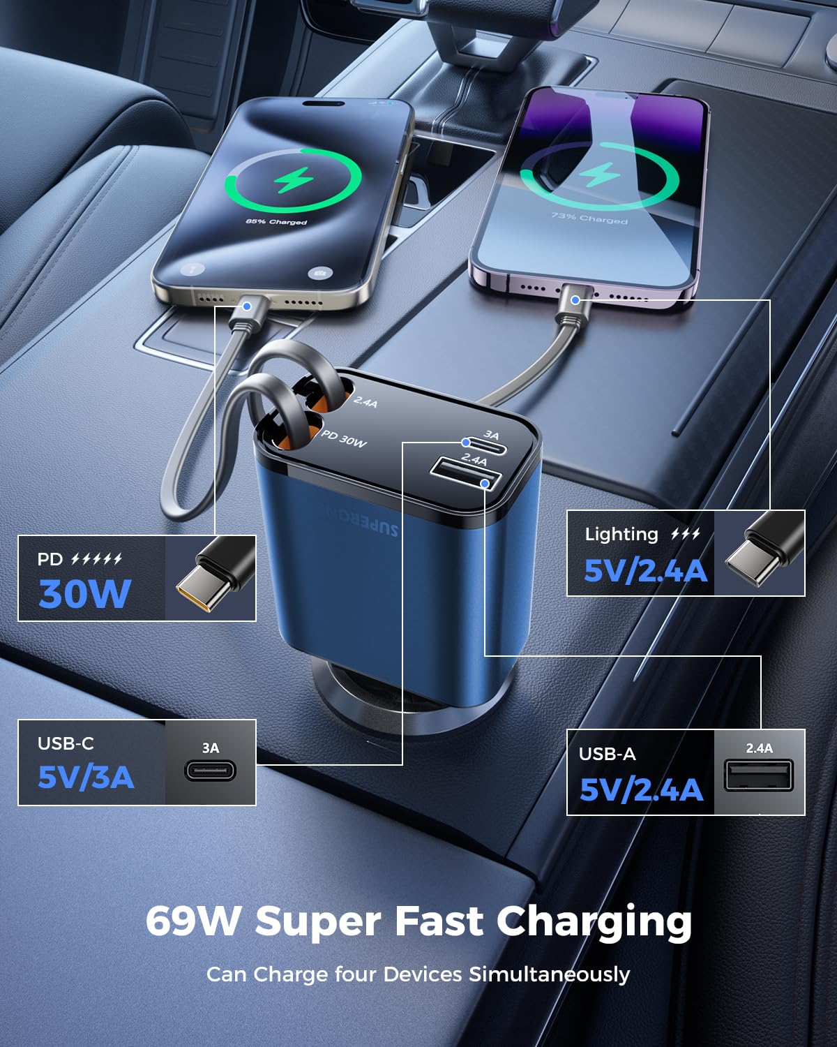 2024 Upgraded 4-in-1 Retractable Car Charger - 69W Fast Charging with USB-C & Lightning Cables - Compatible with iPhone 15/14/13/12/11 & Samsung Galaxy - Perfect for Road Trips, Commuting & Emergency Charging in Vehicles
